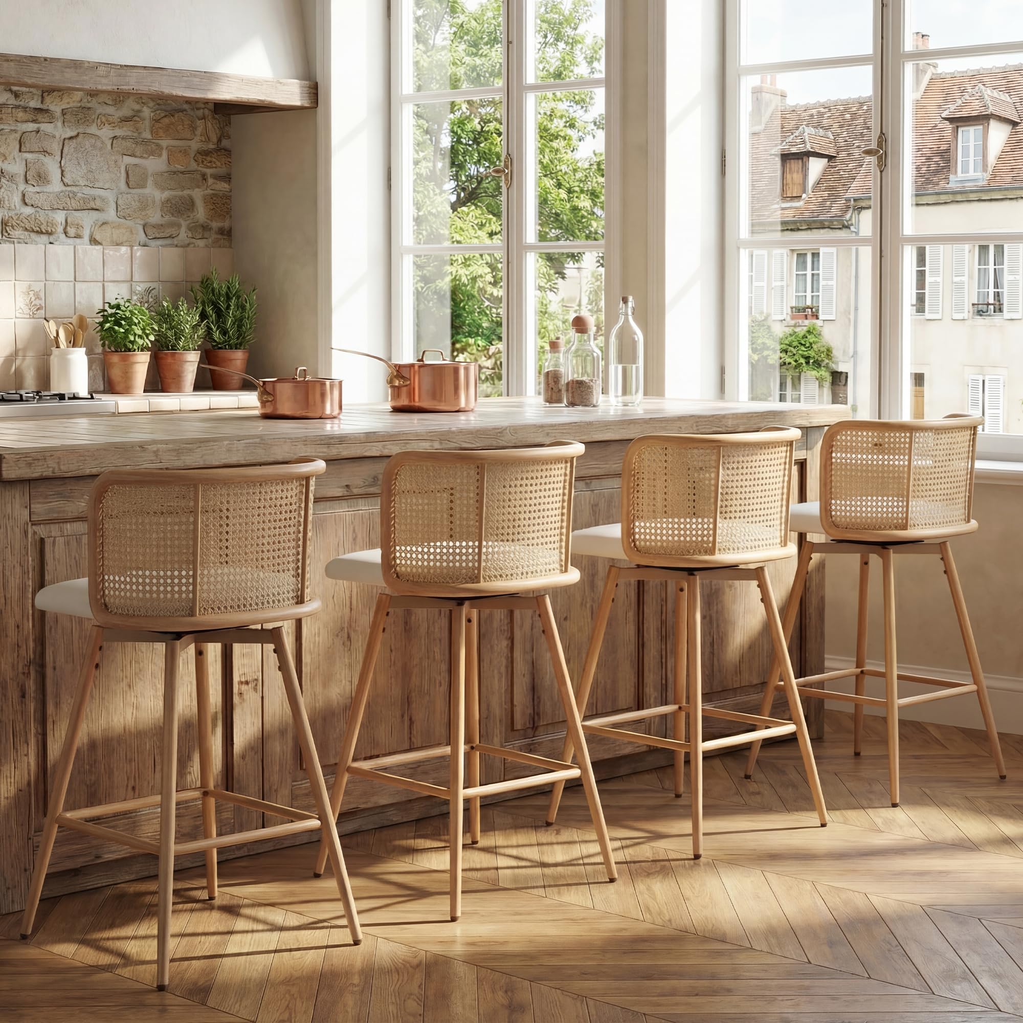 TYBOATLE Swivel Rattan Bar Stools Set of 2, 26” Counter Height Stools with Natural Rattan Woven Back and Faux Leather Seat, Mid-Century Modern Island Chairs Barstools for Kitchen, White (2)