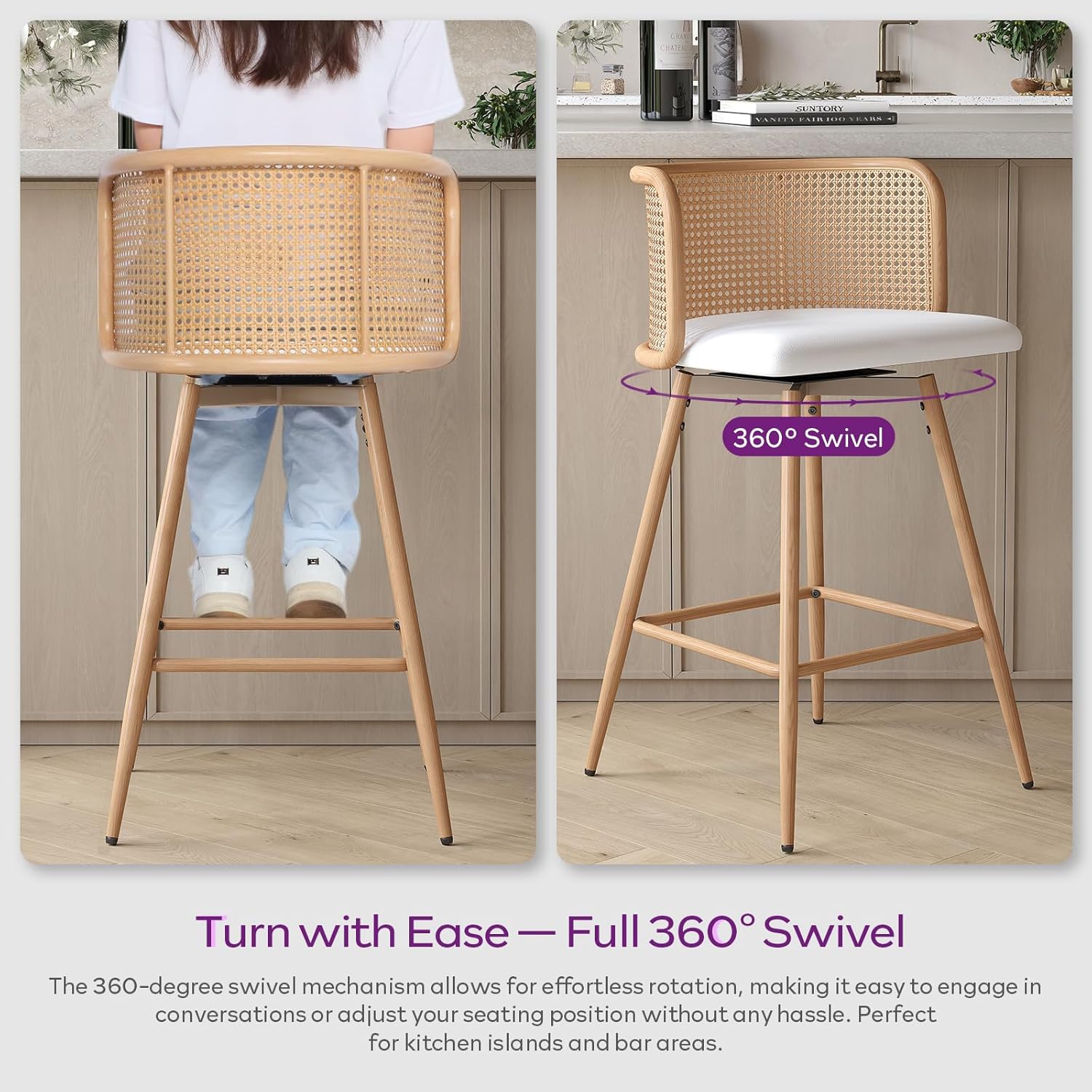 TYBOATLE Swivel Rattan Bar Stools Set of 2, 26” Counter Height Stools with Natural Rattan Woven Back and Faux Leather Seat, Mid-Century Modern Island Chairs Barstools for Kitchen, White (2)