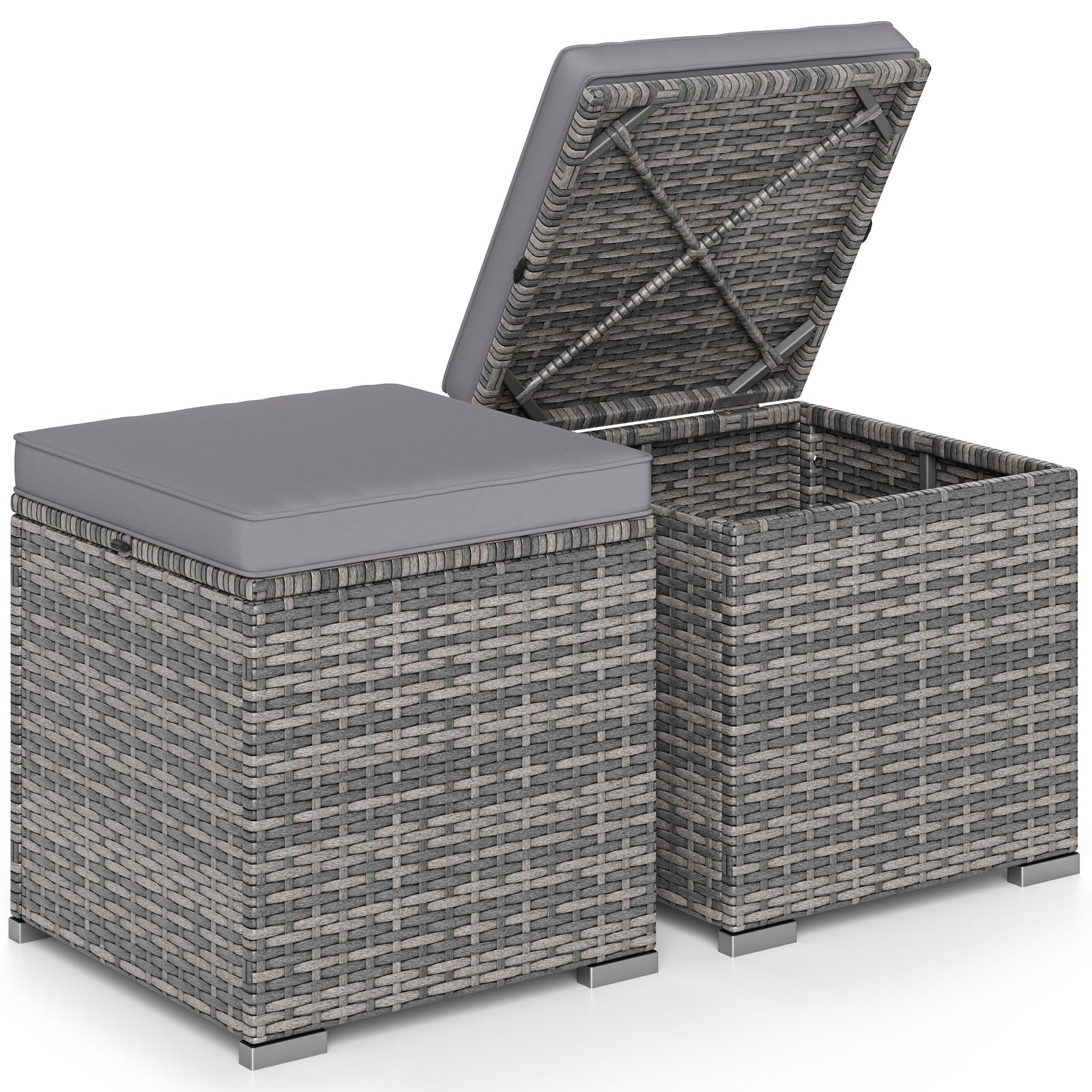 Tangkula 2 Pieces Patio Ottomans, Patiojoy Hand-Woven PE Rattan Side Table with Removable Cushion & Hidden Storage Space, Multifunctional Storage Box, Seat for Patio, Backyard, Poolside (Off White)