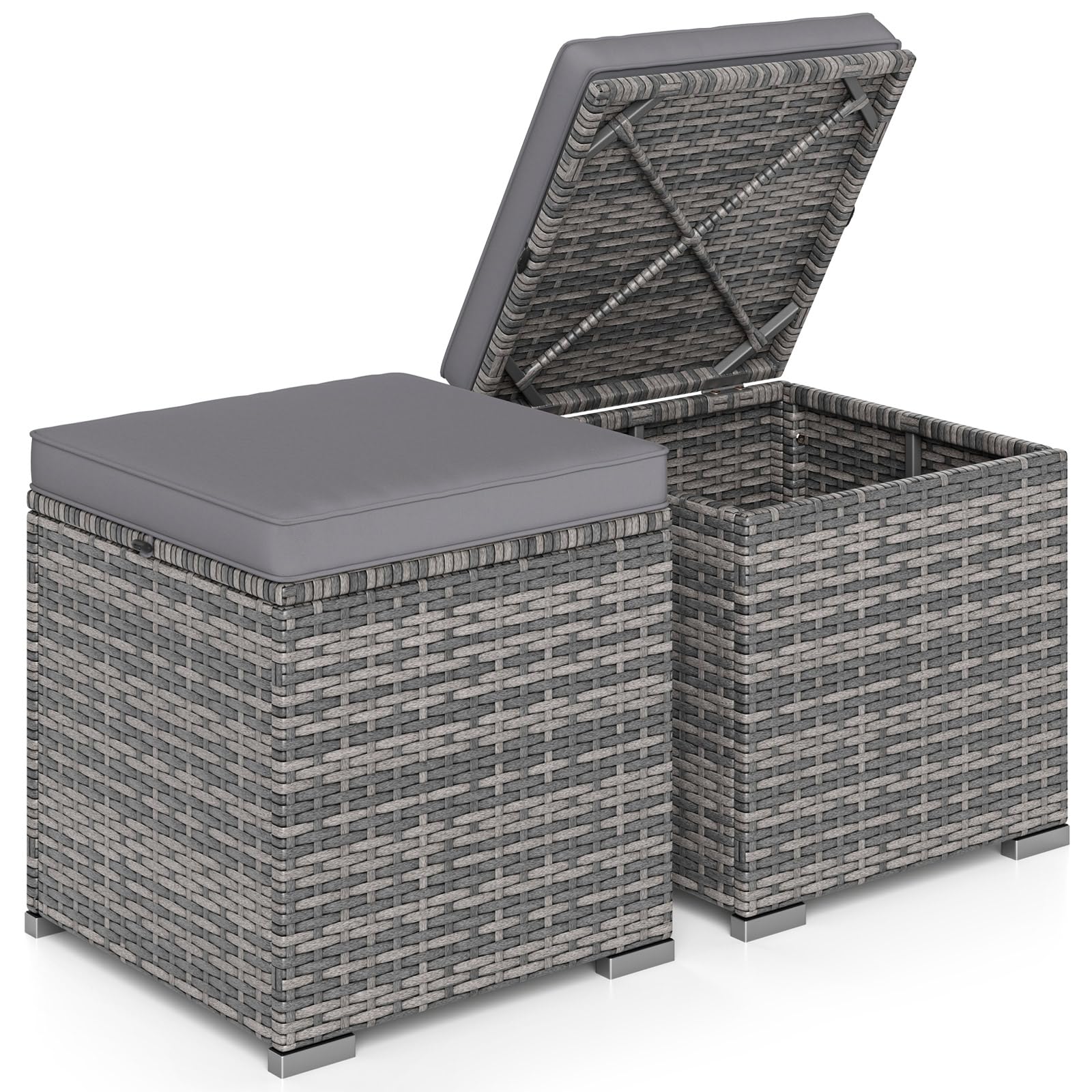 RELAX4LIFE Wicker Outdoor Storage Ottoman, 2-Piece Rattan Footstool w/Removable Cushion, Multipurpose Footrest Stool Side Table Additional Seating, Set of 2 Outdoor Ottomans for Patio Deck (Navy)