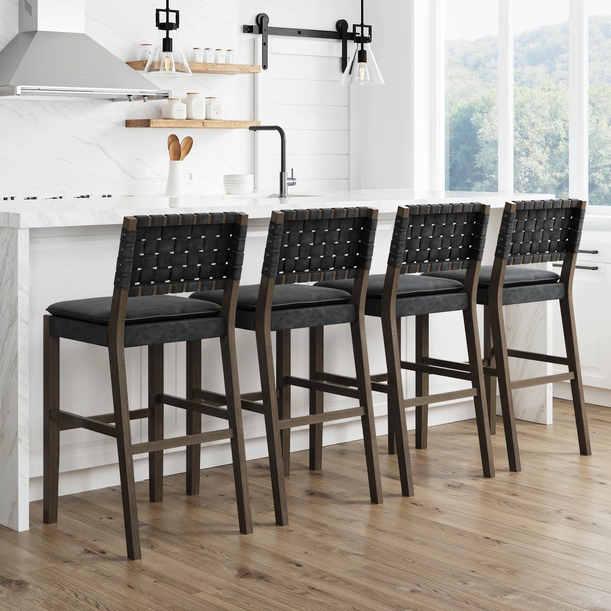 Nathan James Cohen Mid-Century Modern Leather Bar Stool, Counter Height Chair in Solid Wood Frame with Footrest and Woven Leather Back for Kitchen, Natural Brown, 1 count, Barstool - 24"