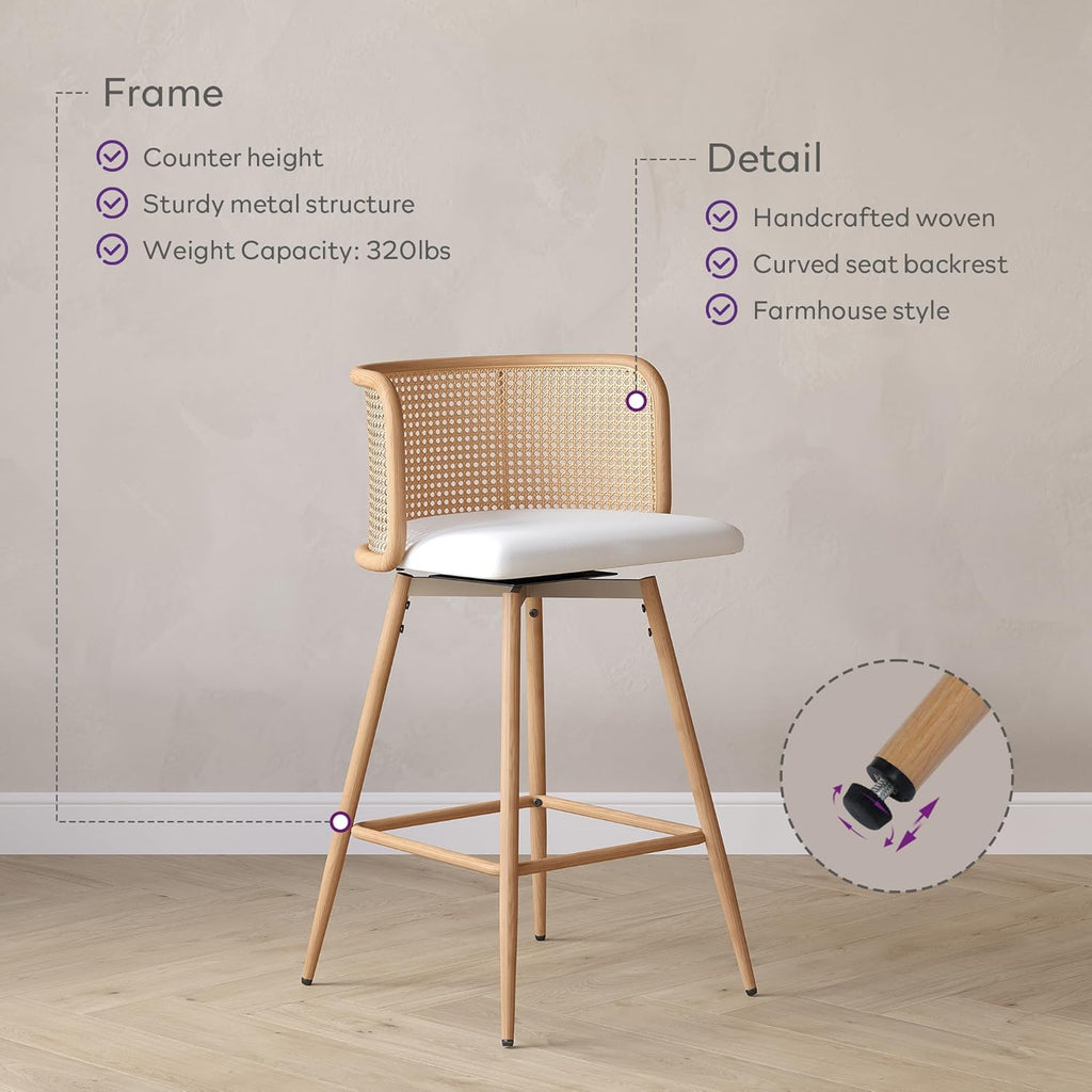 TYBOATLE Swivel Rattan Bar Stools Set of 2, 26” Counter Height Stools with Natural Rattan Woven Back and Faux Leather Seat, Mid-Century Modern Island Chairs Barstools for Kitchen, White (2)