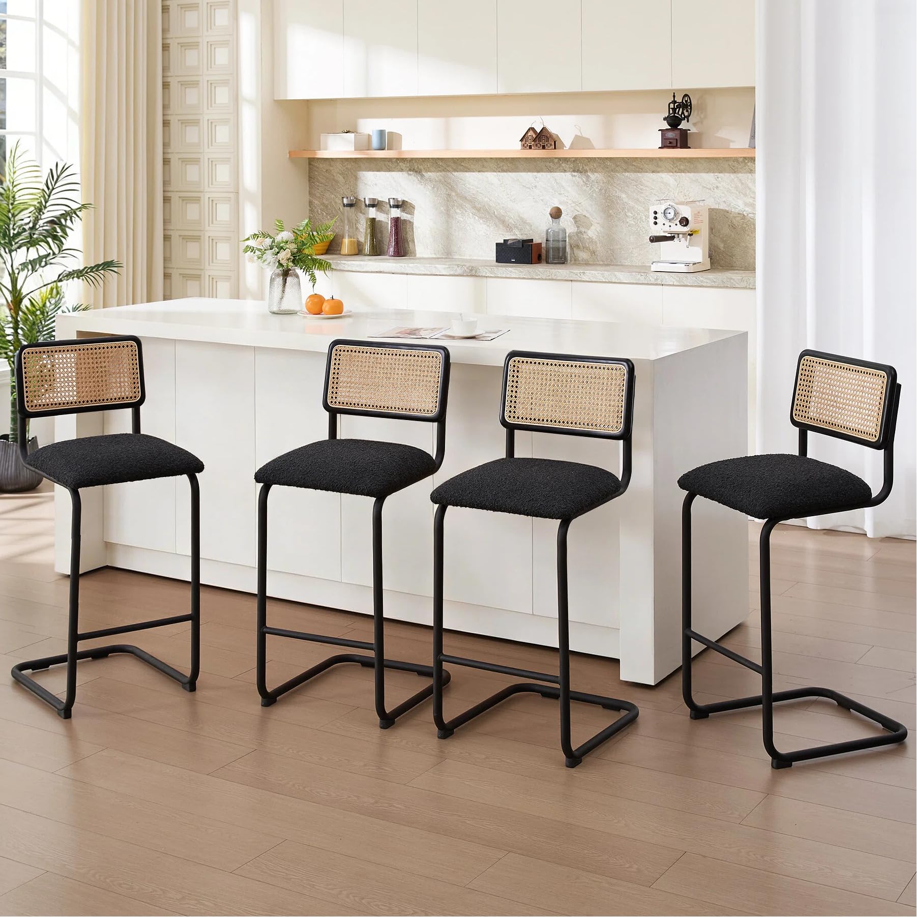 Zesthouse Natural Rattan Bar Stools Set of 2, Modern Counter Height Stools with Solid Wood Back, 26'' Counter Height Chairs, Mid Century Cantilevered Bar Chairs for Kitchen Island, Faux Leather Brown