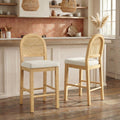 Rattan Counter Height Bar Stools Set of 3, Upholstered Farmhouse Barstools with Natural Rattan Back, Wooden Legs for Kitchen Island, Walnut/Linen