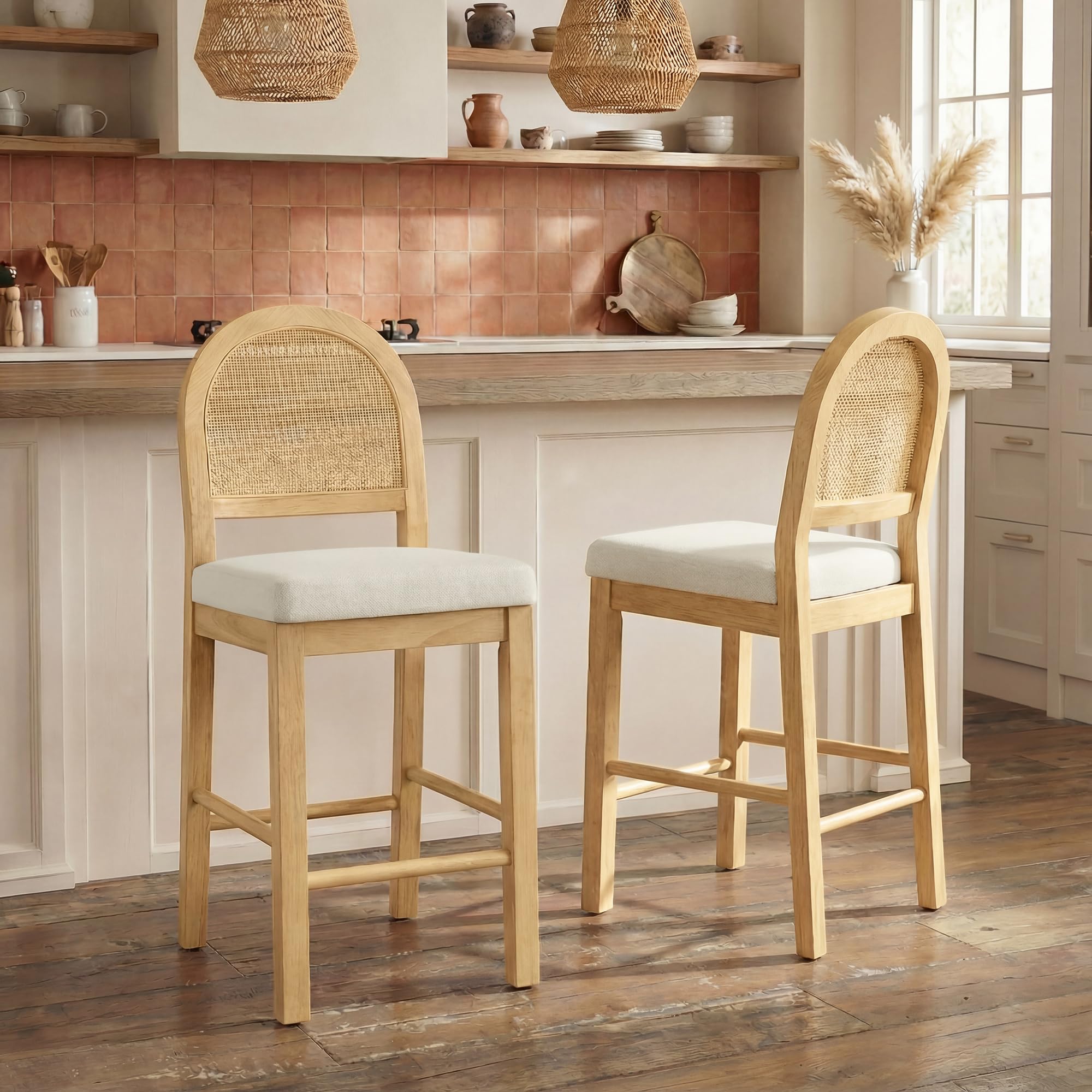 Rattan Counter Height Bar Stools Set of 3, Upholstered Farmhouse Barstools with Natural Rattan Back, Wooden Legs for Kitchen Island, Walnut/Linen