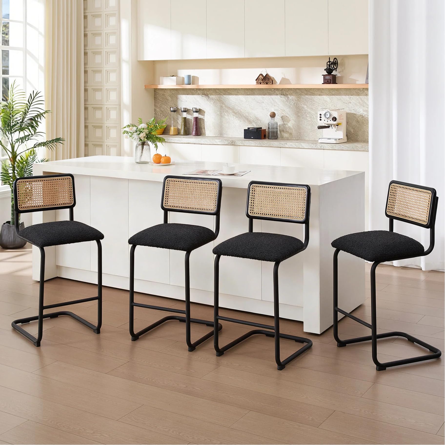Zesthouse Natural Rattan Bar Stools Set of 2, Modern Counter Height Stools with Solid Wood Back, 26'' Counter Height Chairs, Mid Century Cantilevered Bar Chairs for Kitchen Island, Faux Leather Brown