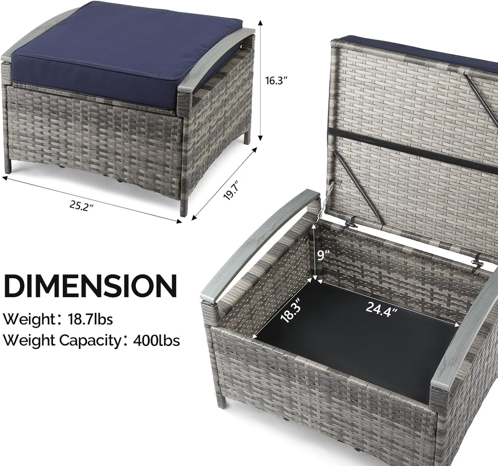 VINGLI 2 Pieces Rattan Ottoman with Storage, Wicker Patio Furniture w/Removable Cushion, Multipurpose Footrest Stool for Outdoor (Gray)
