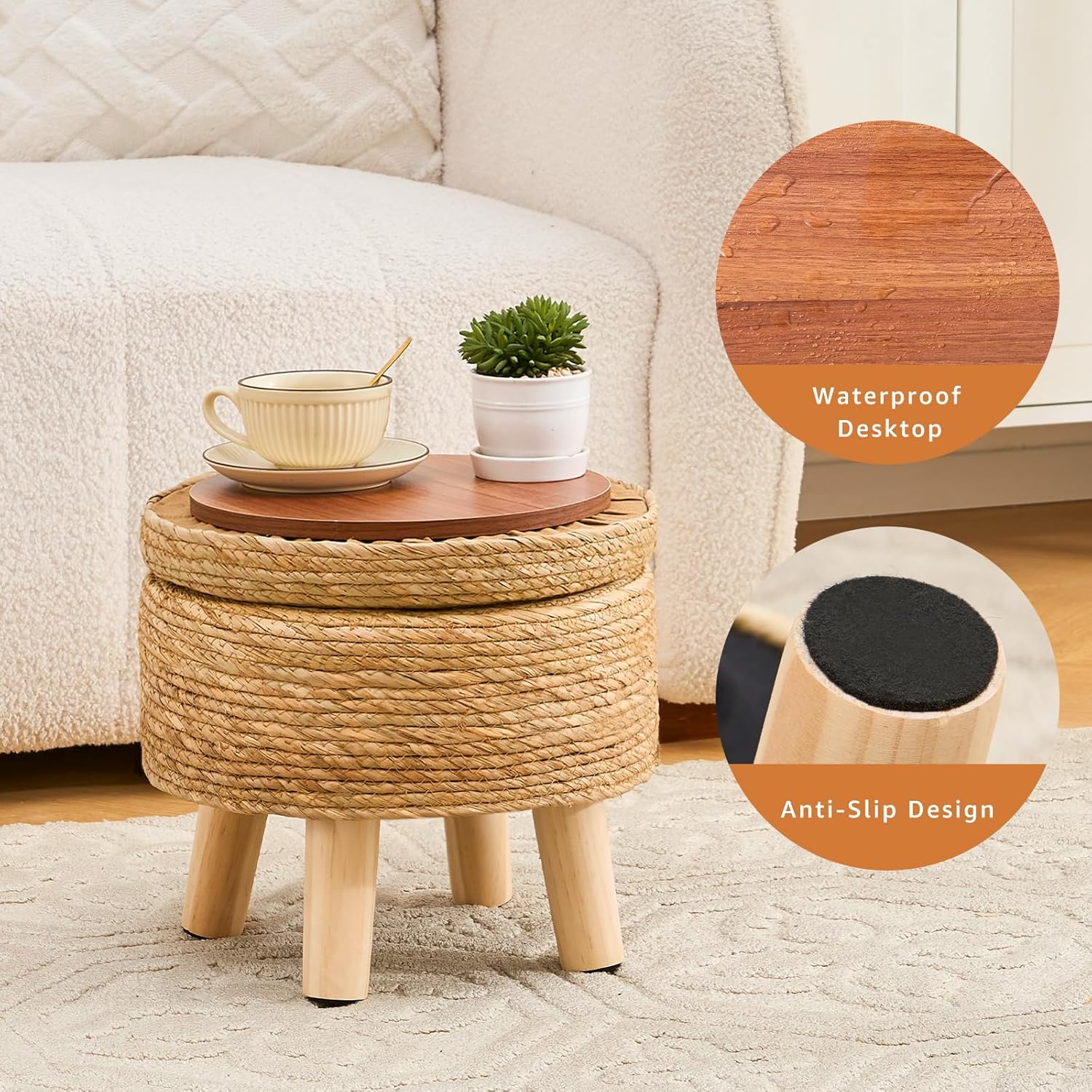 Cpintltr Storage Ottoman Poufs Handwoven Footstool Natural Seagrass Round Footrest Stool with 4 Wood Legs Soft Padded Outdoor Seat for Hallway Lounge Bedroom Garden
