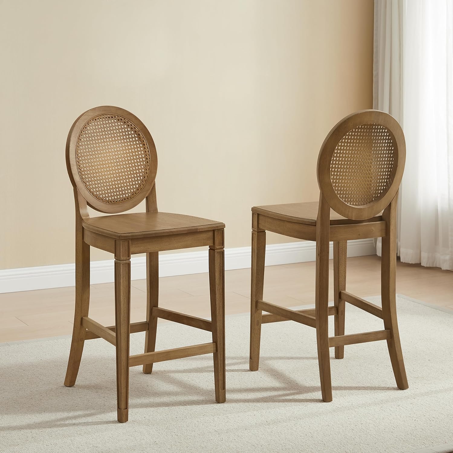 Crosley Furniture Katia Traditional Rattan Style Oval Cane-Back Counter Height Stool Set of 2, Bar Stools, Driftwood