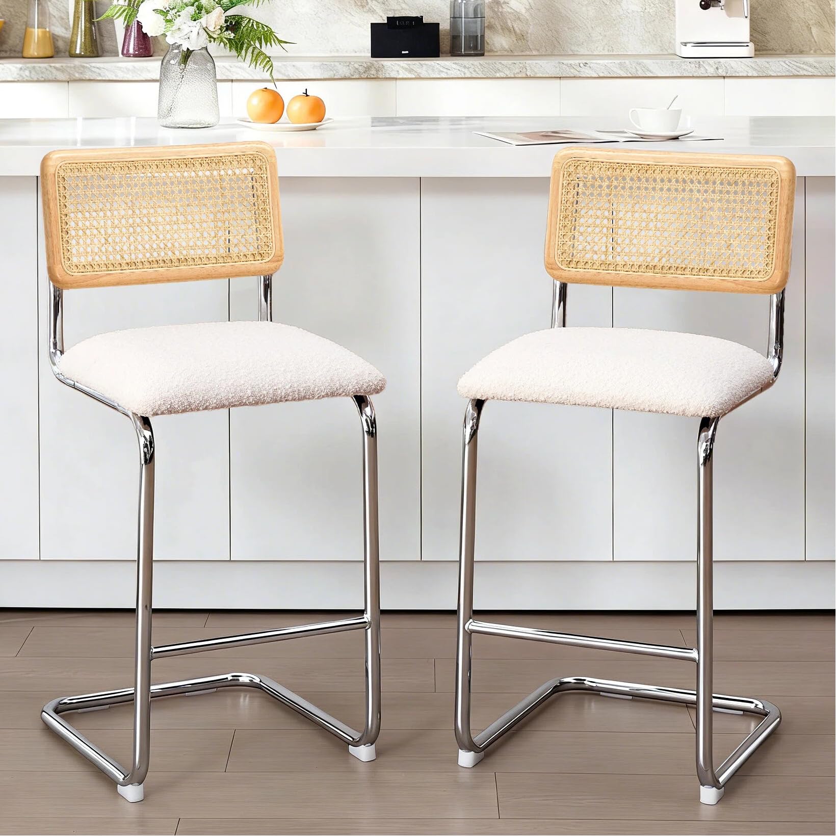 Zesthouse Natural Rattan Bar Stools Set of 2, Modern Counter Height Stools with Solid Wood Back, 26'' Counter Height Chairs, Mid Century Cantilevered Bar Chairs for Kitchen Island, Faux Leather Brown