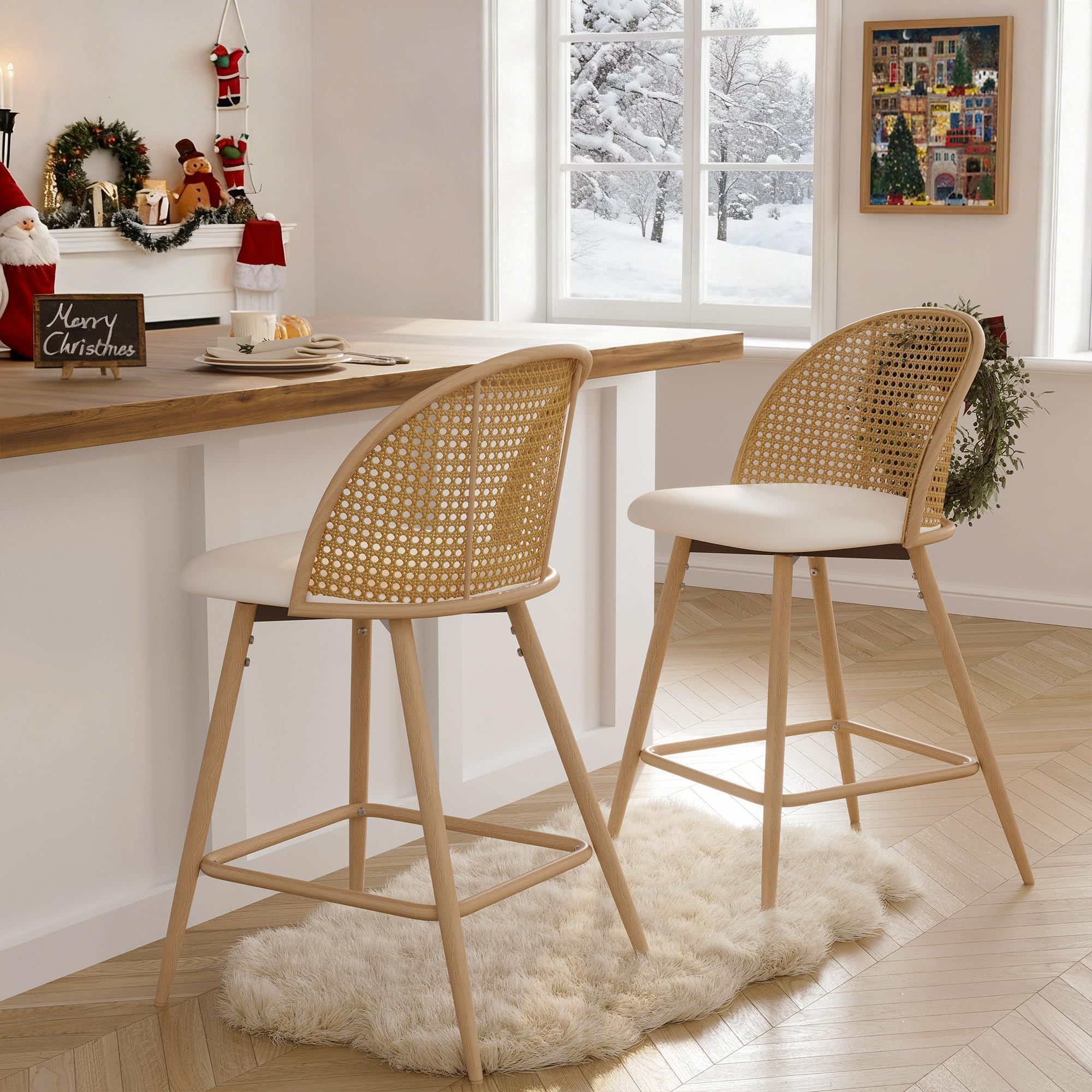 TYBOATLE 29'' BarStools Set of 2 w/Rattan Backrest, Swivel Counter Height Bar stools w/Metal Legs, Modern Mid-Century Boho Bar stools with Faux Leather for Kitchen Island, Dining Room, White