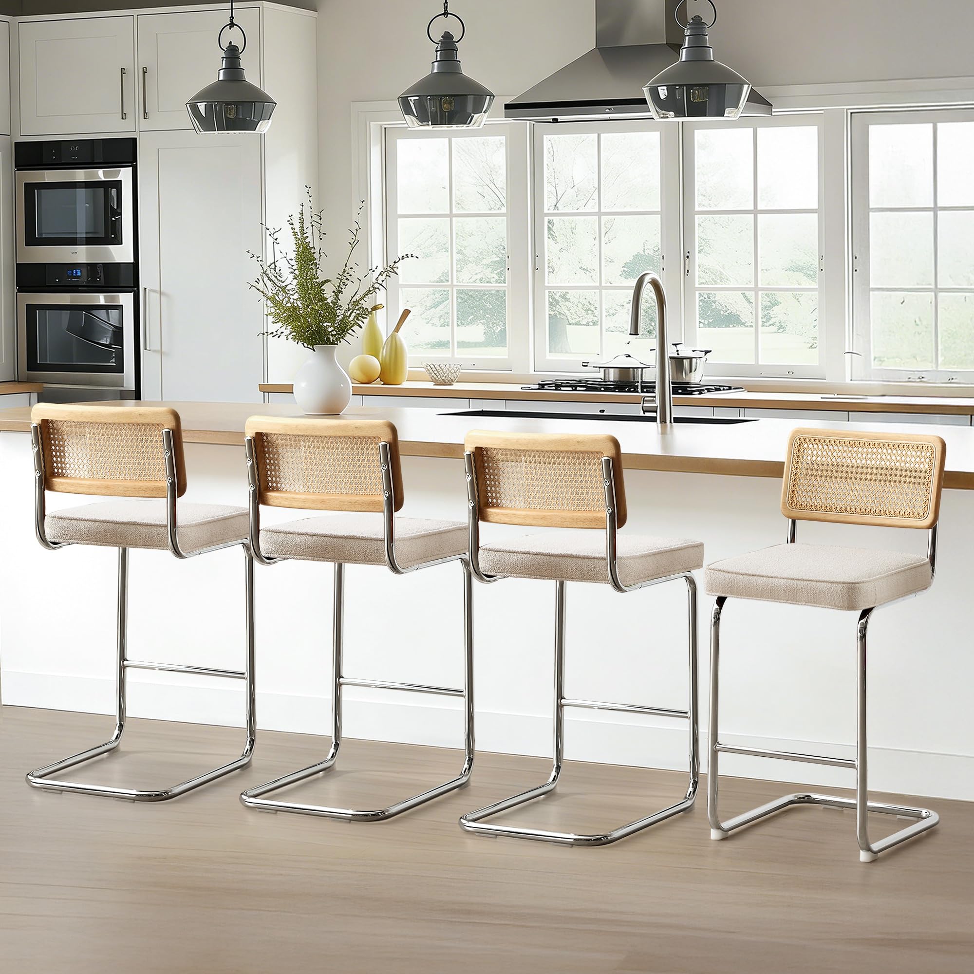 Zesthouse Natural Rattan Bar Stools Set of 2, Modern Counter Height Stools with Solid Wood Back, 26'' Counter Height Chairs, Mid Century Cantilevered Bar Chairs for Kitchen Island, Faux Leather Brown