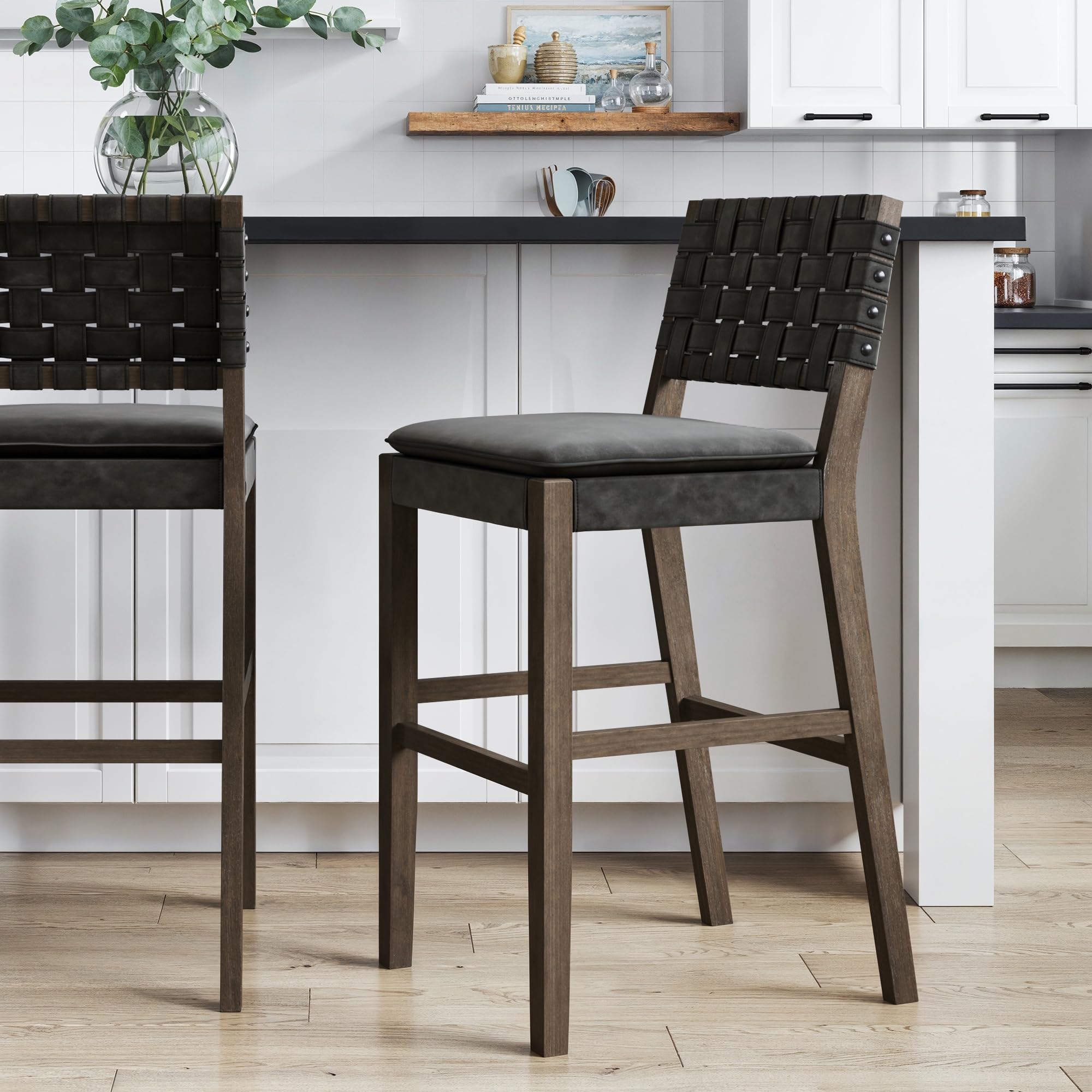 Nathan James Cohen Mid-Century Modern Leather Bar Stool, Counter Height Chair in Solid Wood Frame with Footrest and Woven Leather Back for Kitchen, Natural Brown, 1 count, Barstool - 24"
