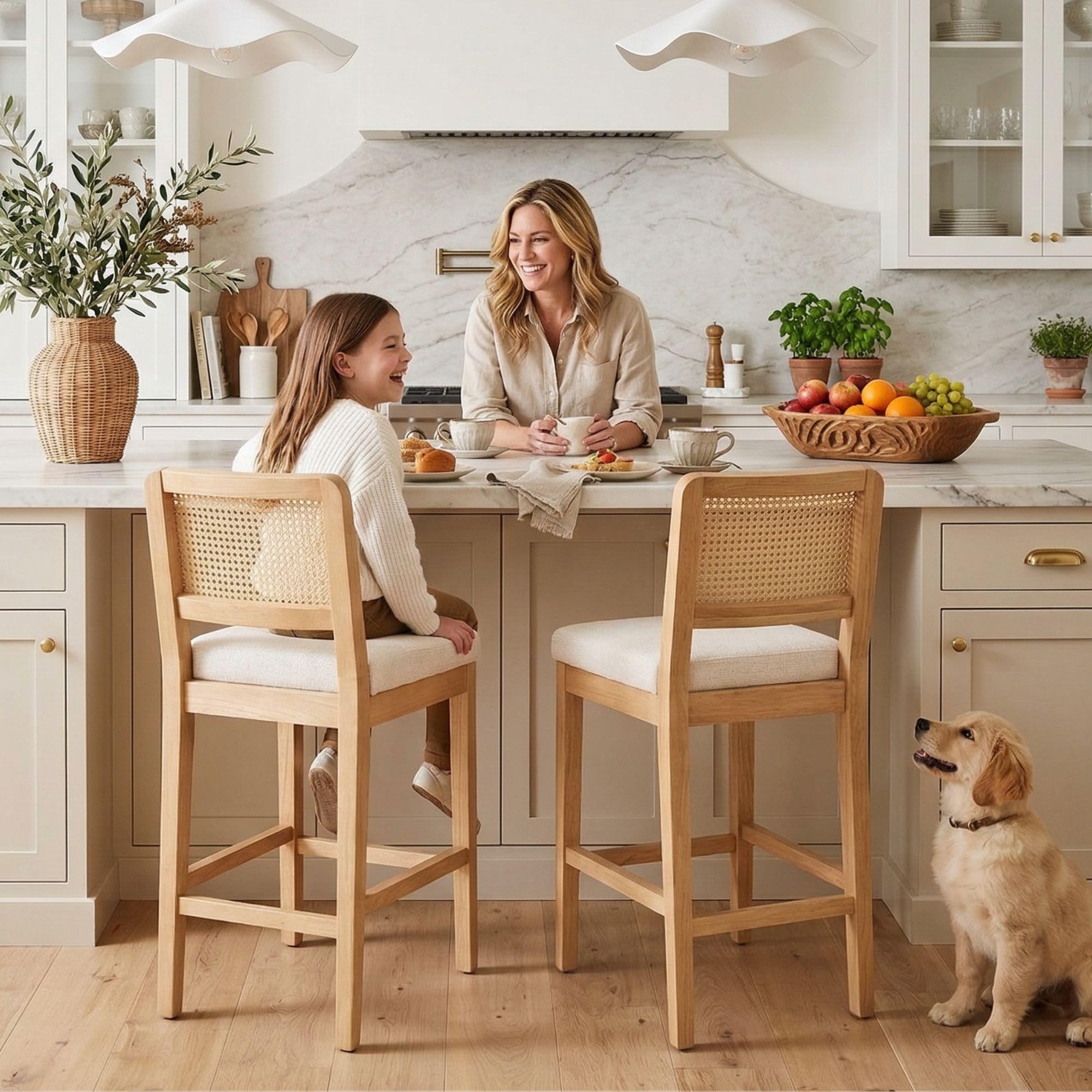 Wahson Counter Height Bar Stools Set of 4, Farmhouse Rattan Bar Stool with Back, Upholstered Wooden Barstools Mid Century Modern Breakfast Bar Chairs for Kitchen Island, Chenille Beige