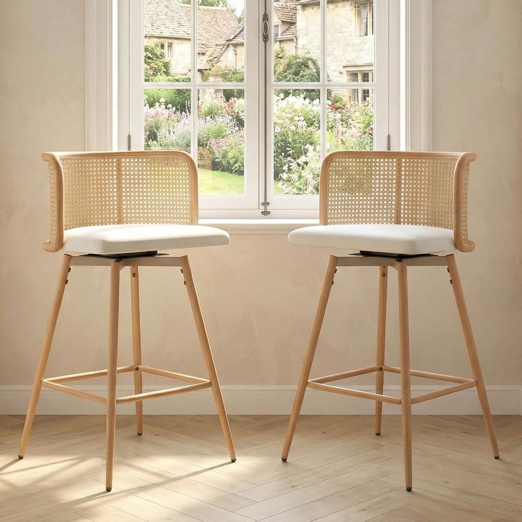 TYBOATLE Swivel Rattan Bar Stools Set of 2, 26” Counter Height Stools with Natural Rattan Woven Back and Faux Leather Seat, Mid-Century Modern Island Chairs Barstools for Kitchen, White (2)