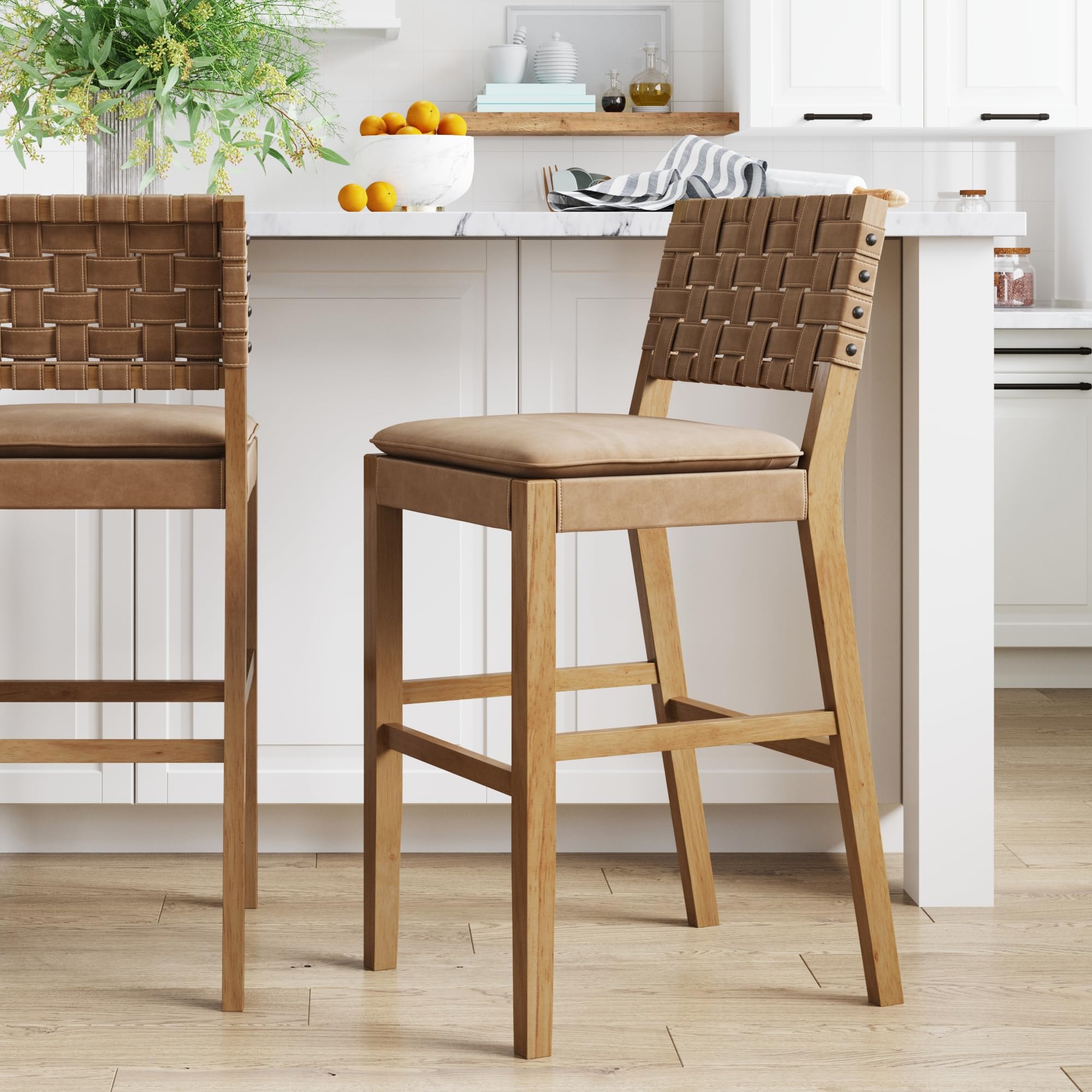 Nathan James Cohen Mid-Century Modern Leather Bar Stool, Counter Height Chair in Solid Wood Frame with Footrest and Woven Leather Back for Kitchen, Natural Brown, 1 count, Barstool - 24"