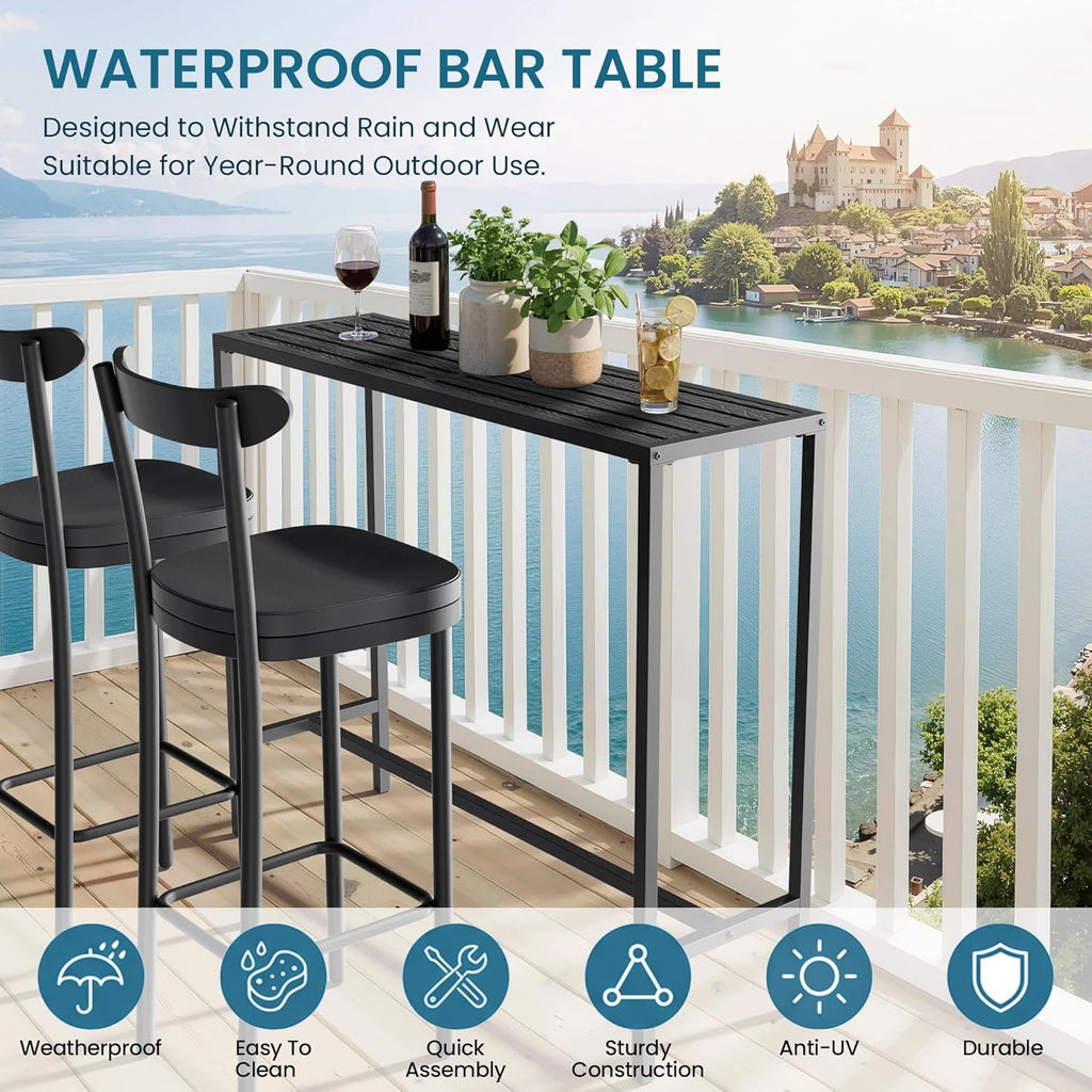 Outdoor Bar Table, 45in Bar Height Table, Black Metal Frame with Weatherproof Top, HDPE Outdoor Furniture for Patio, Hot Tub, Party, Balcony, Indoor