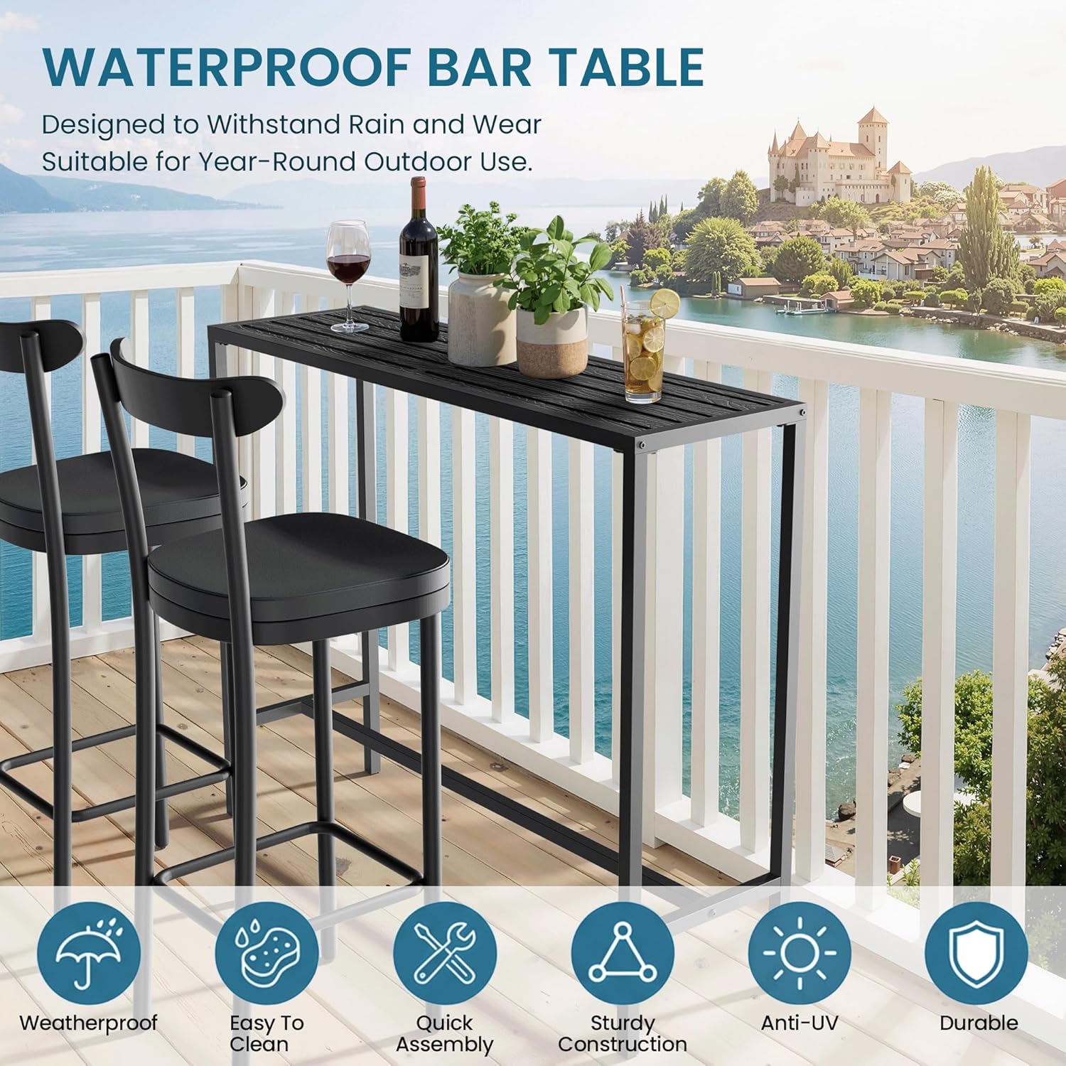 Outdoor Bar Table, 45in Bar Height Table, Black Metal Frame with Weatherproof Top, HDPE Outdoor Furniture for Patio, Hot Tub, Party, Balcony, Indoor