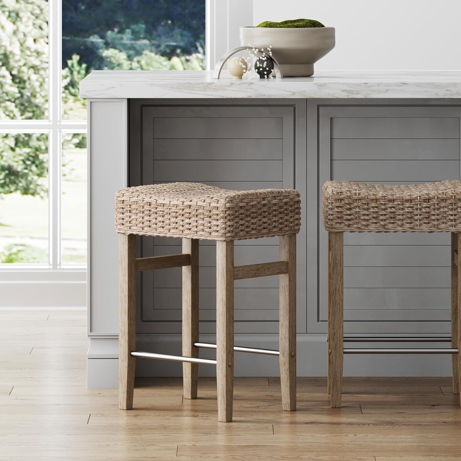 Nathan James Harvey Rattan Bar Stool, Bohemian Counter Height Stool with Woven Seagrass Seat, Solid Wood Legs, and Metal Footrest Seagrass/Brushed Gray, Set of 2