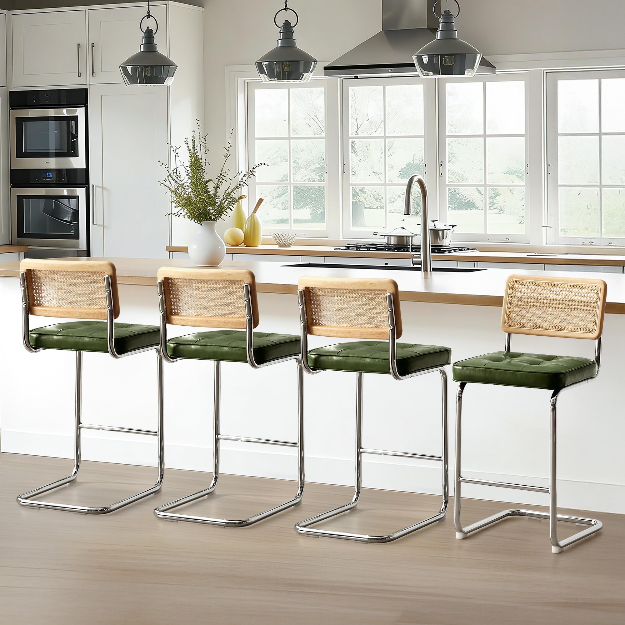 Zesthouse Natural Rattan Bar Stools Set of 2, Modern Counter Height Stools with Solid Wood Back, 26'' Counter Height Chairs, Mid Century Cantilevered Bar Chairs for Kitchen Island, Faux Leather Brown