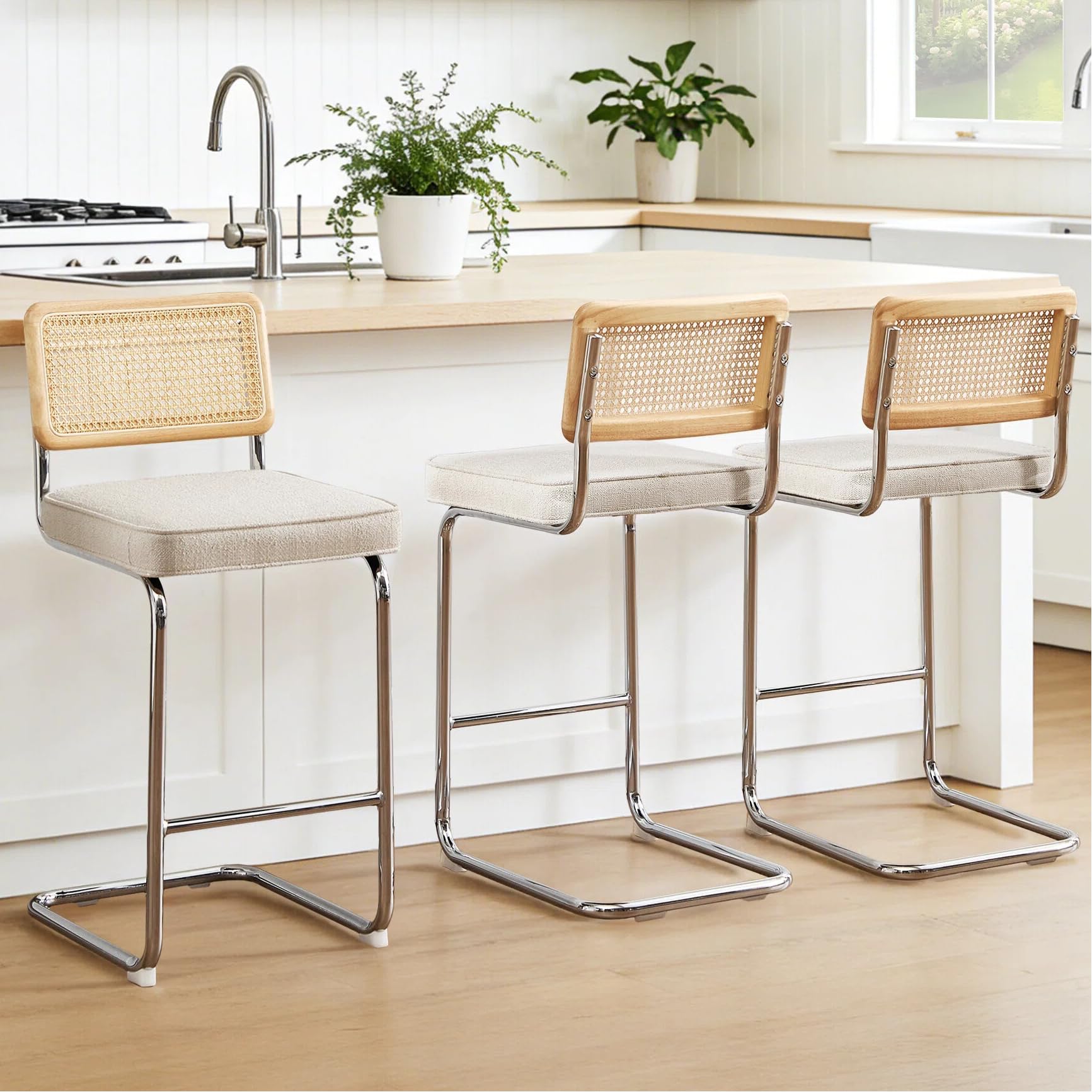 Zesthouse Natural Rattan Bar Stools Set of 2, Modern Counter Height Stools with Solid Wood Back, 26'' Counter Height Chairs, Mid Century Cantilevered Bar Chairs for Kitchen Island, Faux Leather Brown