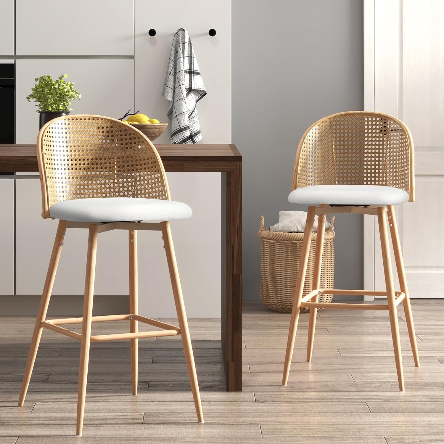 TYBOATLE 29'' BarStools Set of 2 w/Rattan Backrest, Swivel Counter Height Bar stools w/Metal Legs, Modern Mid-Century Boho Bar stools with Faux Leather for Kitchen Island, Dining Room, White