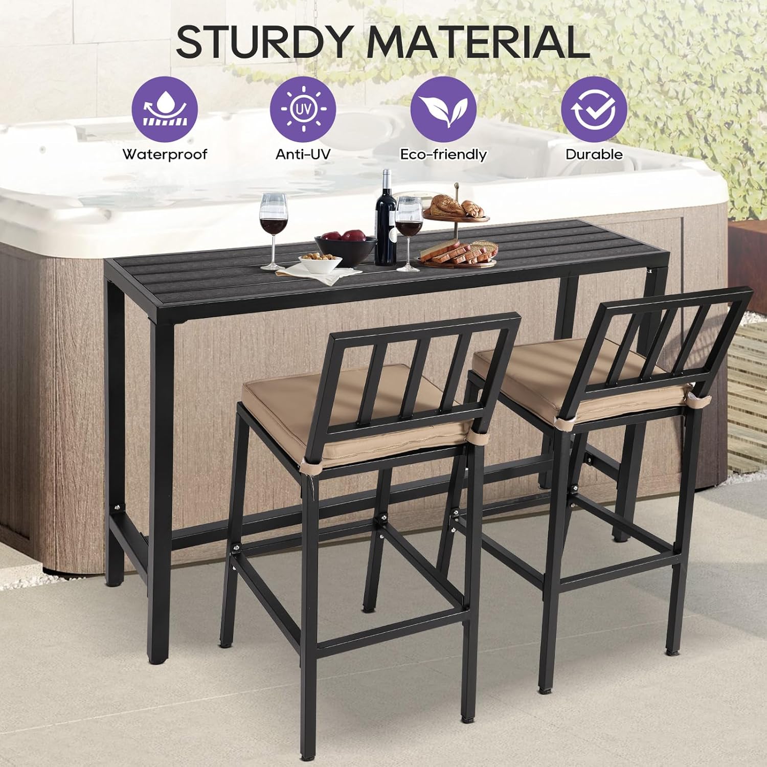 Outdoor Bar Table, 63" Black Patio Counter Height Bar Table, Outdoor Console Table with Weather Resistant Waterproof Top for Hot Tub, Balcony, Garden, Yard, Poolside,Black (Black, 63")