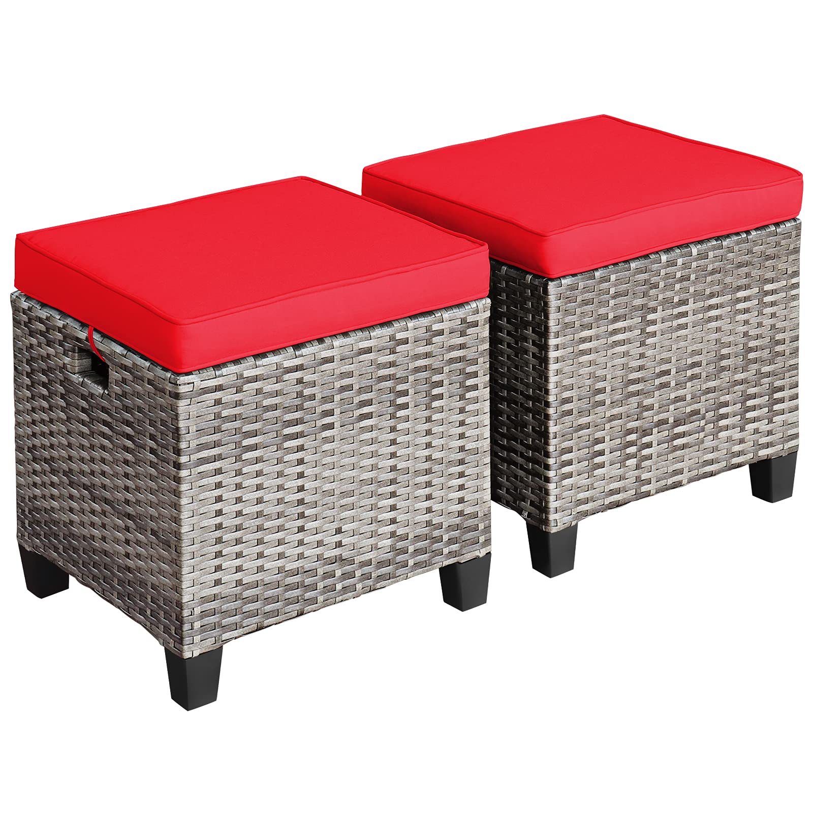 Tangkula 2 Pieces Patio Ottomans, Patiojoy Hand-Woven PE Rattan Side Table with Removable Cushion & Hidden Storage Space, Multifunctional Storage Box, Seat for Patio, Backyard, Poolside (Off White)