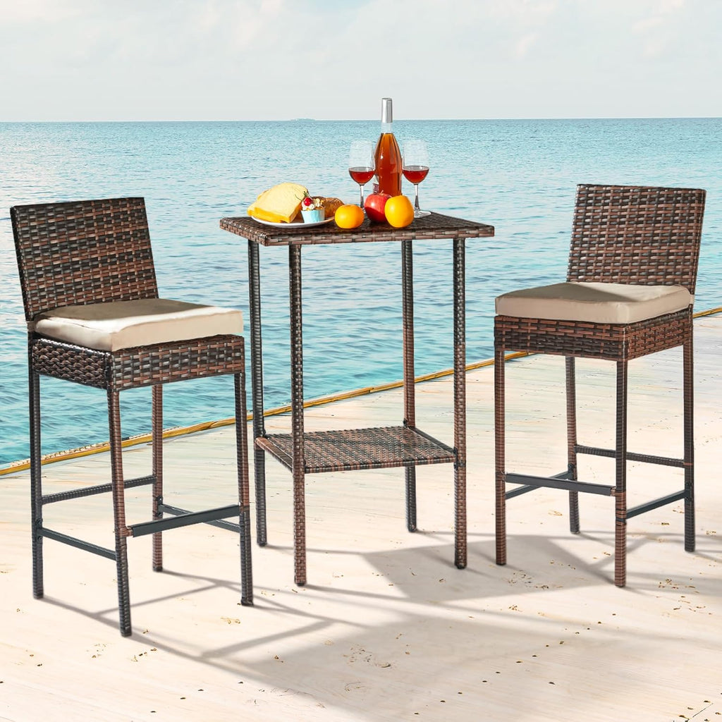 VINGLI Outdoor Wicker Bar Stool Set of 2, Patio Bar Stools w/Cushion, Bar Height Patio Chairs Outdoor Rattan Barstools for Garden Pool Lawn Backyard, Brown