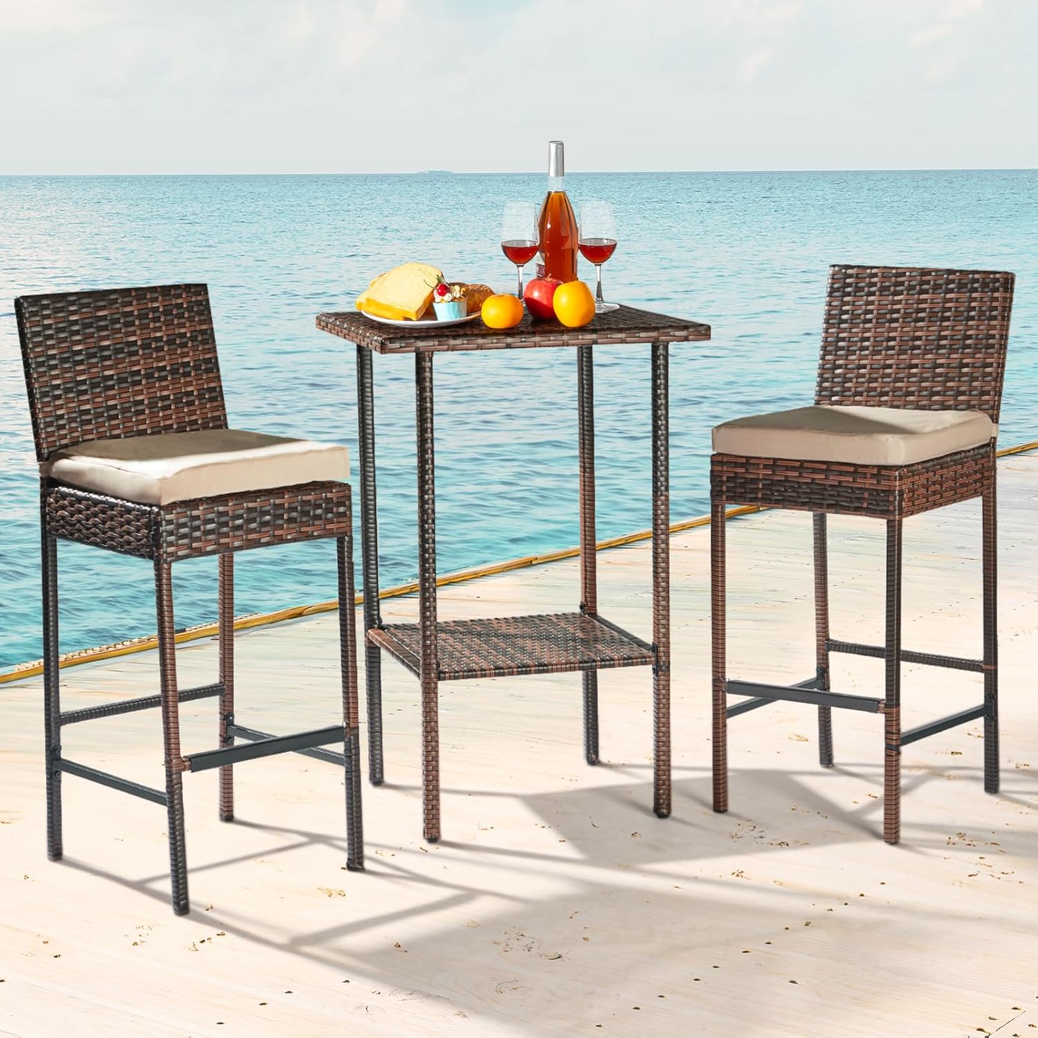 VINGLI Outdoor Wicker Bar Stool Set of 2, Patio Bar Stools w/Cushion, Bar Height Patio Chairs Outdoor Rattan Barstools for Garden Pool Lawn Backyard, Brown
