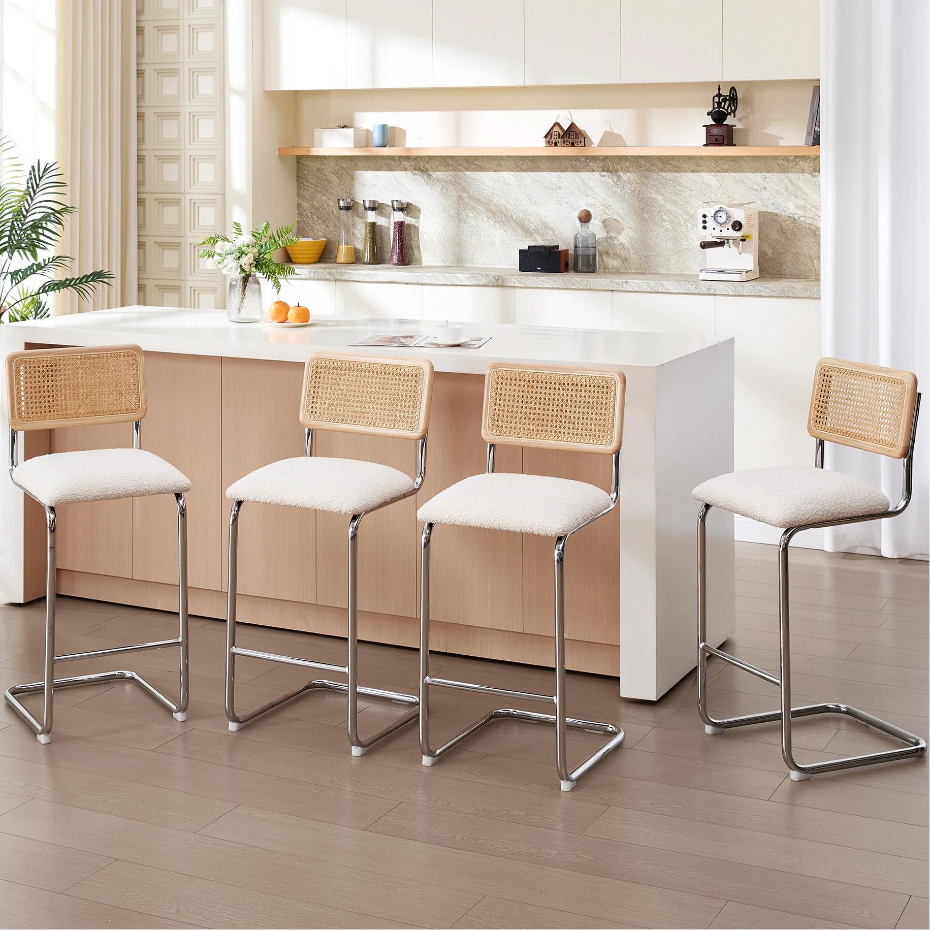 Zesthouse Natural Rattan Bar Stools Set of 2, Modern Counter Height Stools with Solid Wood Back, 26'' Counter Height Chairs, Mid Century Cantilevered Bar Chairs for Kitchen Island, Faux Leather Brown