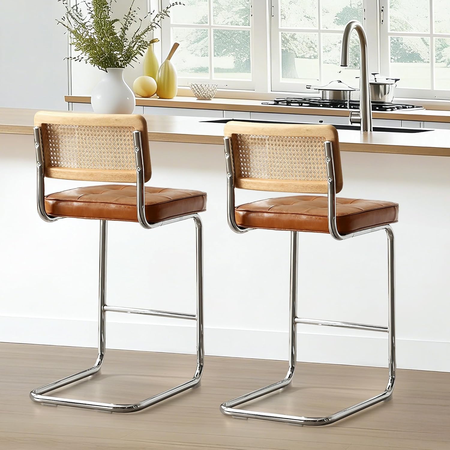 Zesthouse Natural Rattan Bar Stools Set of 2, Modern Counter Height Stools with Solid Wood Back, 26'' Counter Height Chairs, Mid Century Cantilevered Bar Chairs for Kitchen Island, Faux Leather Brown