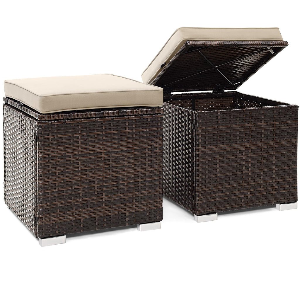 Tangkula 2 Pieces Patio Ottomans, Patiojoy Hand-Woven PE Rattan Side Table with Removable Cushion & Hidden Storage Space, Multifunctional Storage Box, Seat for Patio, Backyard, Poolside (Off White)