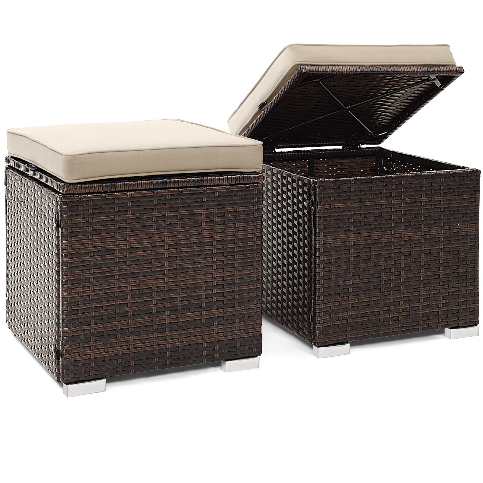 Tangkula 2 Pieces Patio Ottomans, Patiojoy Hand-Woven PE Rattan Side Table with Removable Cushion & Hidden Storage Space, Multifunctional Storage Box, Seat for Patio, Backyard, Poolside (Off White)