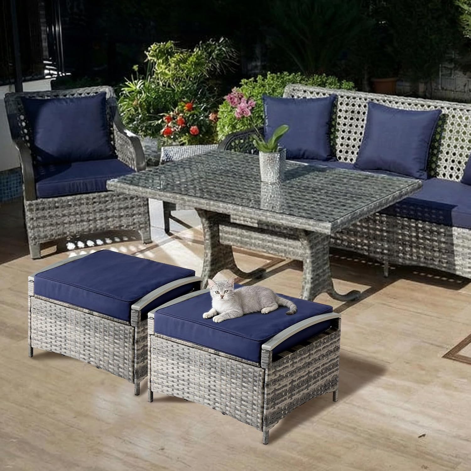 VINGLI 2 Pieces Rattan Ottoman with Storage, Wicker Patio Furniture w/Removable Cushion, Multipurpose Footrest Stool for Outdoor (Gray)