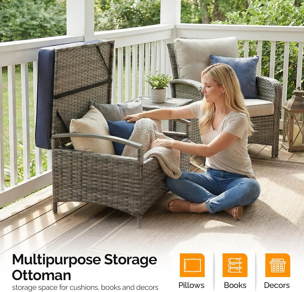 VINGLI 2 Pieces Rattan Ottoman with Storage, Wicker Patio Furniture w/Removable Cushion, Multipurpose Footrest Stool for Outdoor (Gray)