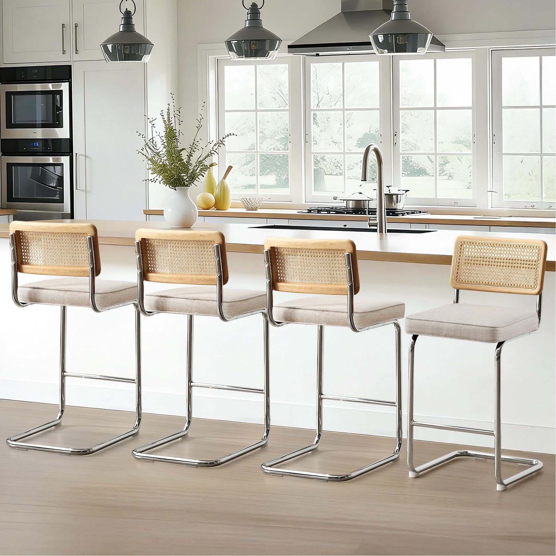 Zesthouse Natural Rattan Bar Stools Set of 2, Modern Counter Height Stools with Solid Wood Back, 26'' Counter Height Chairs, Mid Century Cantilevered Bar Chairs for Kitchen Island, Faux Leather Brown
