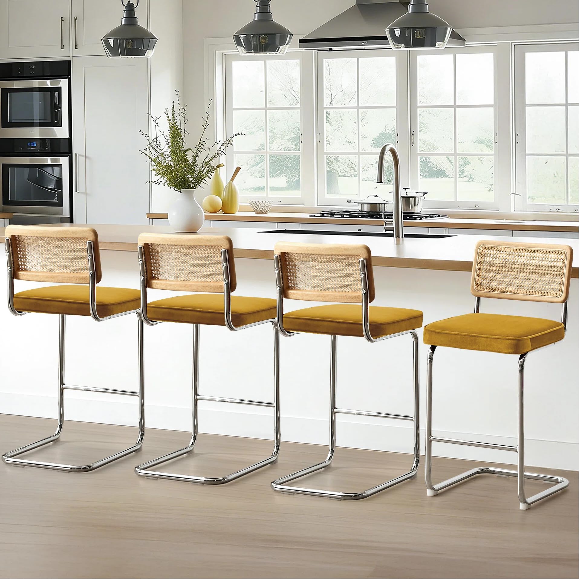 Zesthouse Natural Rattan Bar Stools Set of 2, Modern Counter Height Stools with Solid Wood Back, 26'' Counter Height Chairs, Mid Century Cantilevered Bar Chairs for Kitchen Island, Faux Leather Brown