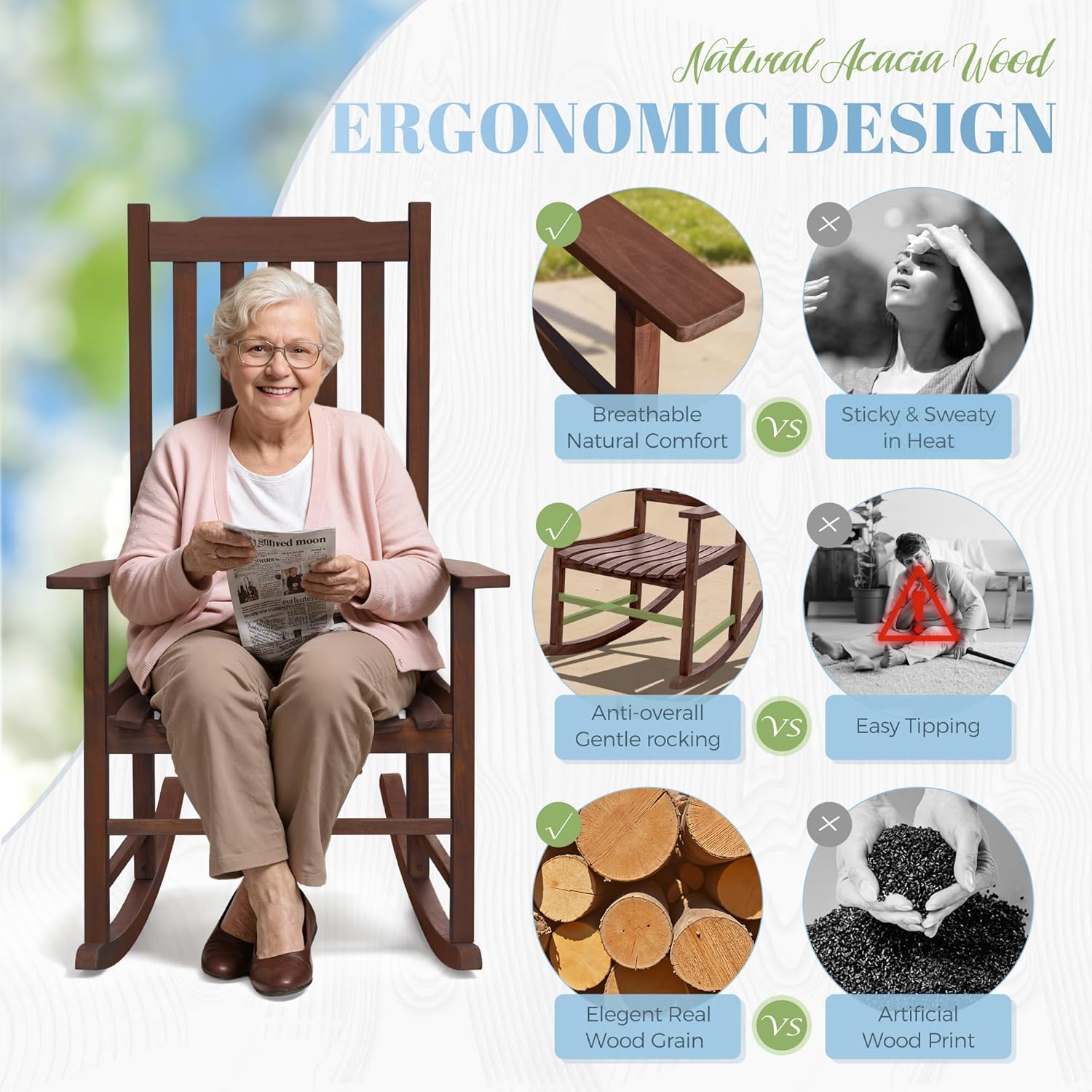 2 Acacia Wood Patio Rocking Chairs, High Back Brown