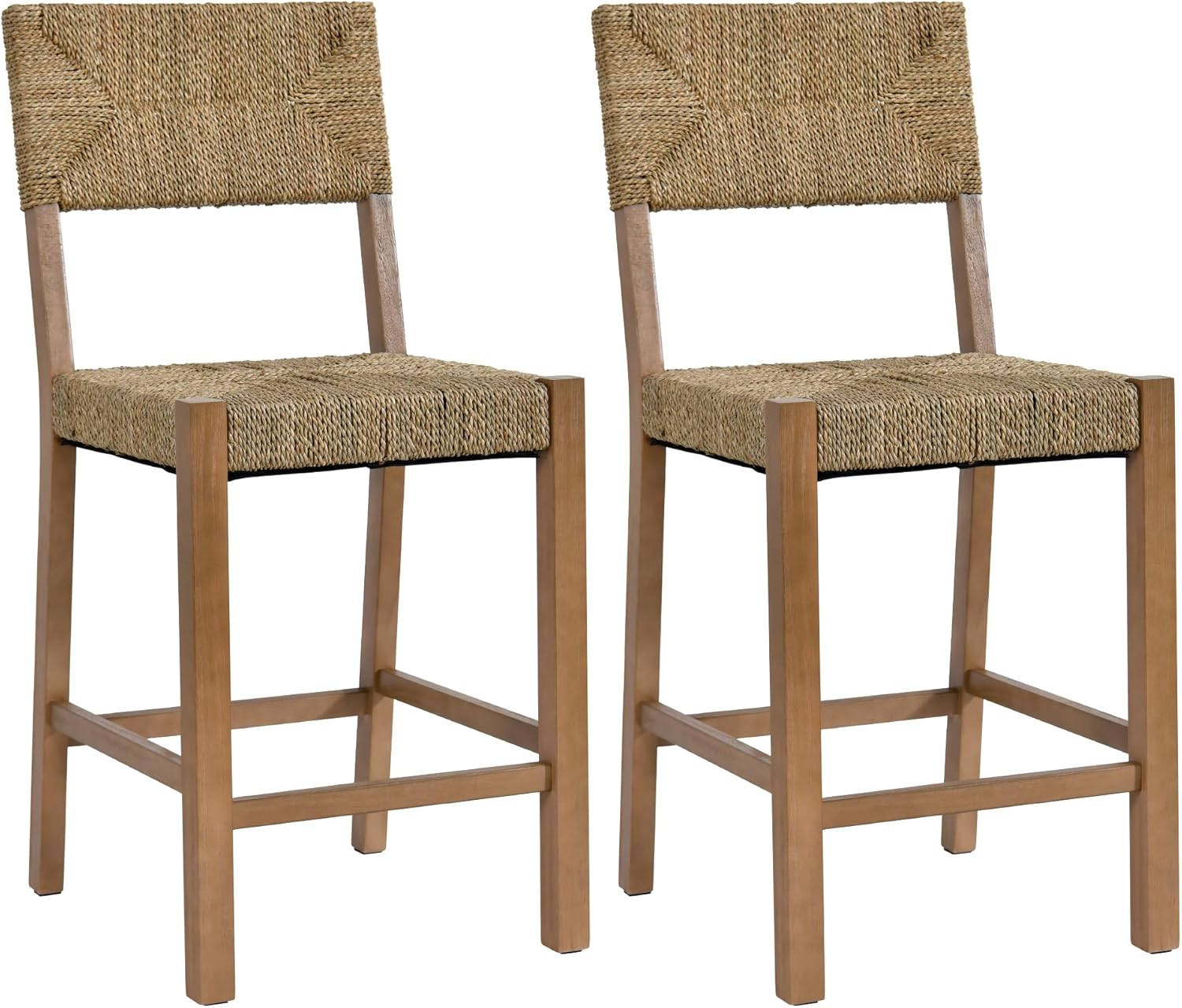 DUHOME Rattan Bar Stools Set of 4, 24'' Bohemian Counter Height Stool with Woven Seagrass Seat and Back, Solid Wood Legs and Footrest for Kitchen Island Dining Room Home Bar