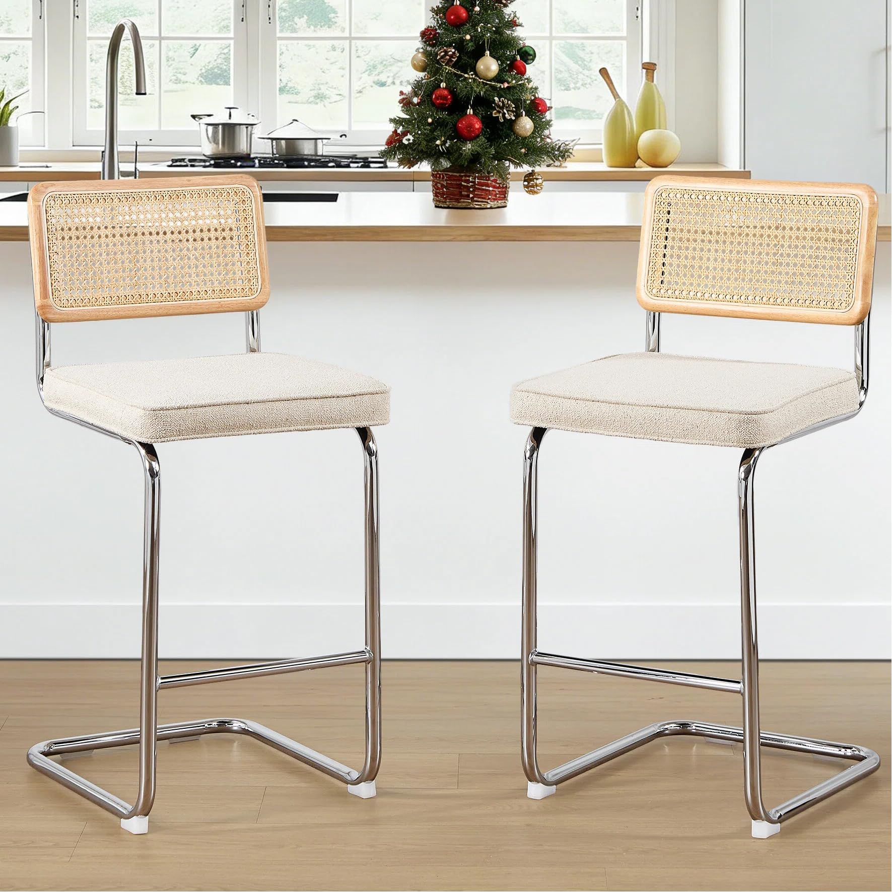 Zesthouse Natural Rattan Bar Stools Set of 2, Modern Counter Height Stools with Solid Wood Back, 26'' Counter Height Chairs, Mid Century Cantilevered Bar Chairs for Kitchen Island, Faux Leather Brown