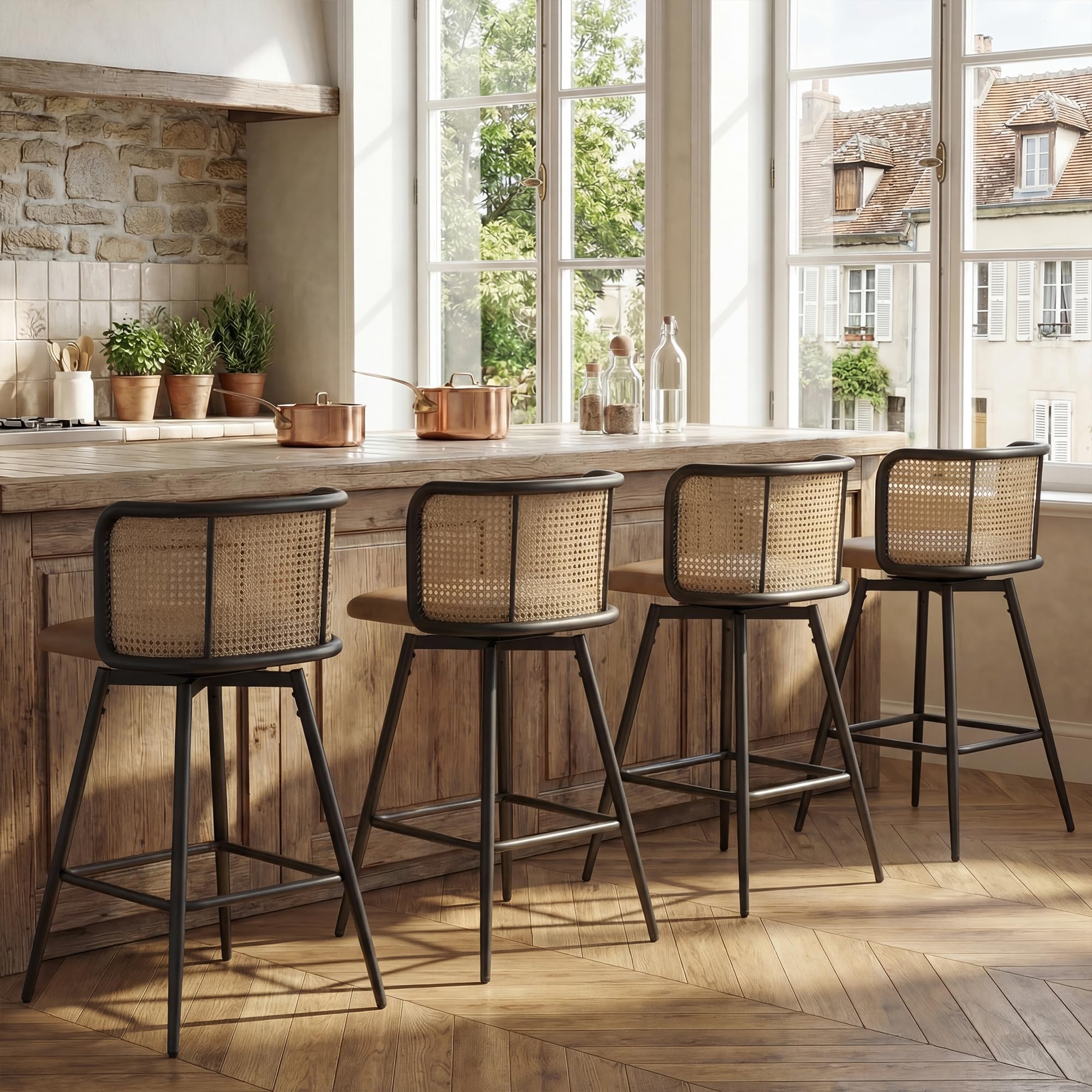 TYBOATLE Swivel Rattan Bar Stools Set of 2, 26” Counter Height Stools with Natural Rattan Woven Back and Faux Leather Seat, Mid-Century Modern Island Chairs Barstools for Kitchen, White (2)