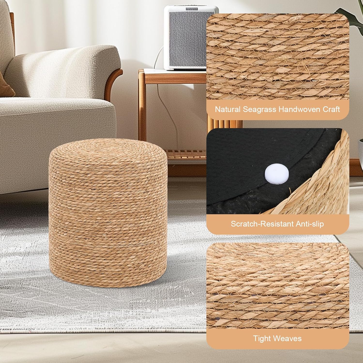 16" Natural Seagrass Braided Ottoman, Boho Round Footrest