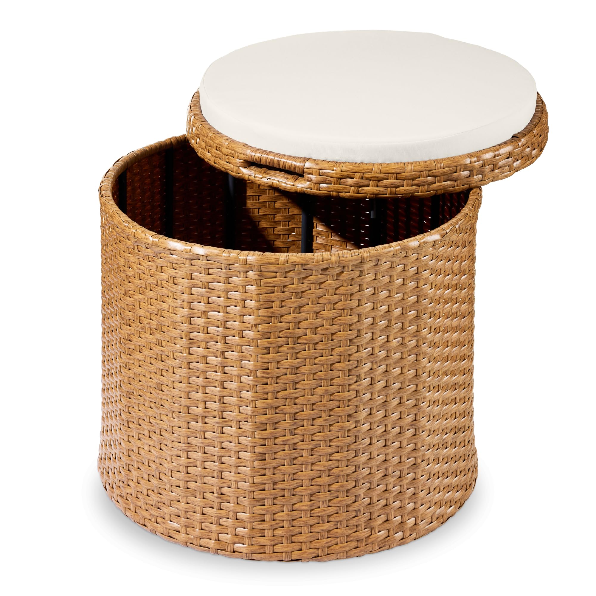 Best Choice Products Round Wicker Ottoman, Multipurpose Outdoor Furniture for Patio, Backyard, Additional Seating, Footrest, Side Table w/Storage, Removable Cushions – Brown/Beige