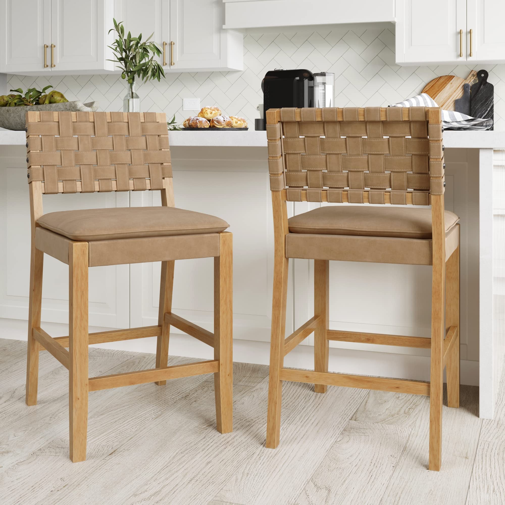 Nathan James Cohen Mid-Century Modern Leather Bar Stool, Counter Height Chair in Solid Wood Frame with Footrest and Woven Leather Back for Kitchen, Natural Brown, 1 count, Barstool - 24"
