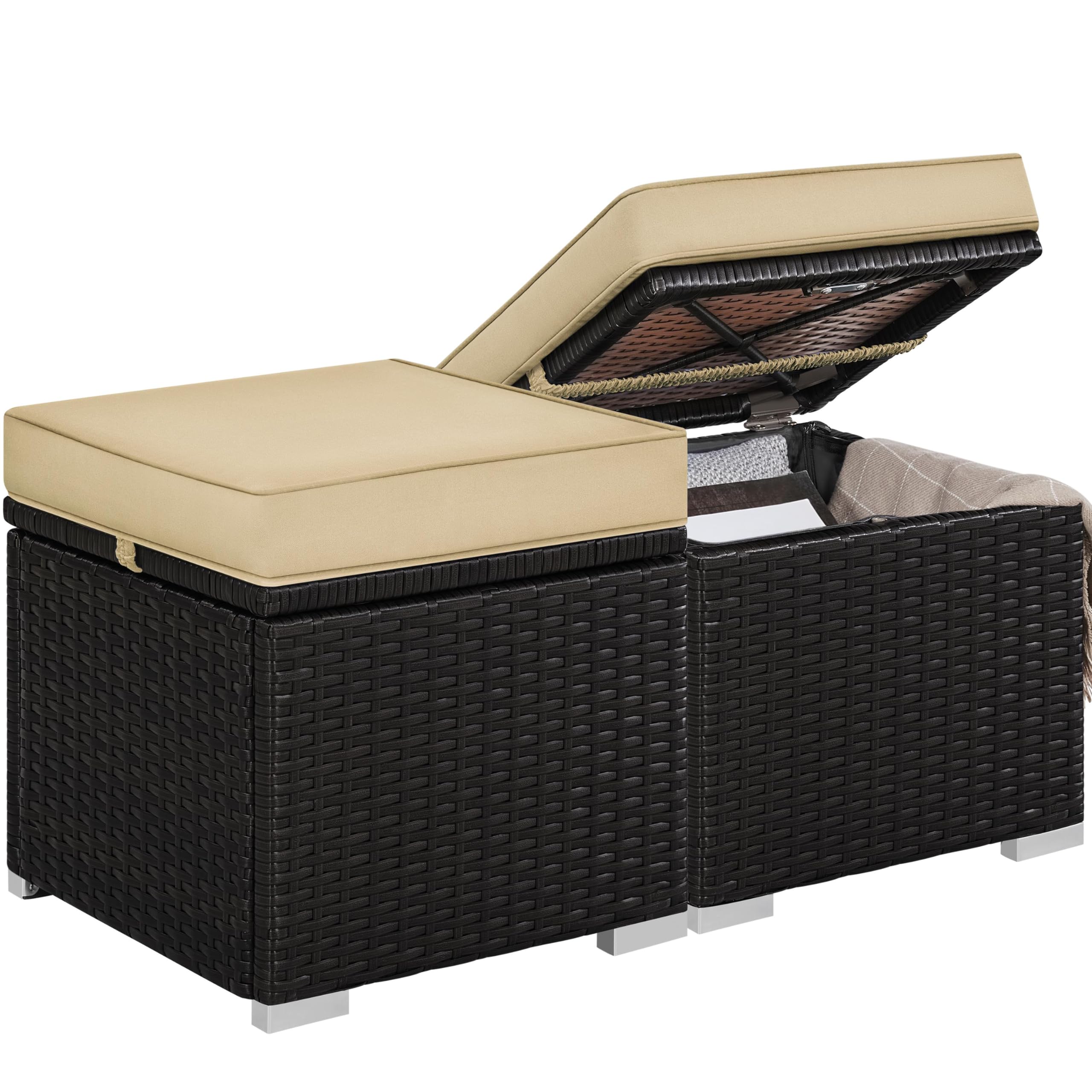 Yaheetech Wicker Ottomans, Set of 2 Patio PE Rattan Side Tables with Hidden Storage & Removable Cushion, Outdoor/Indoor Footstools, Additional Seating for Garden/Balcony/Yard, Black/Gray