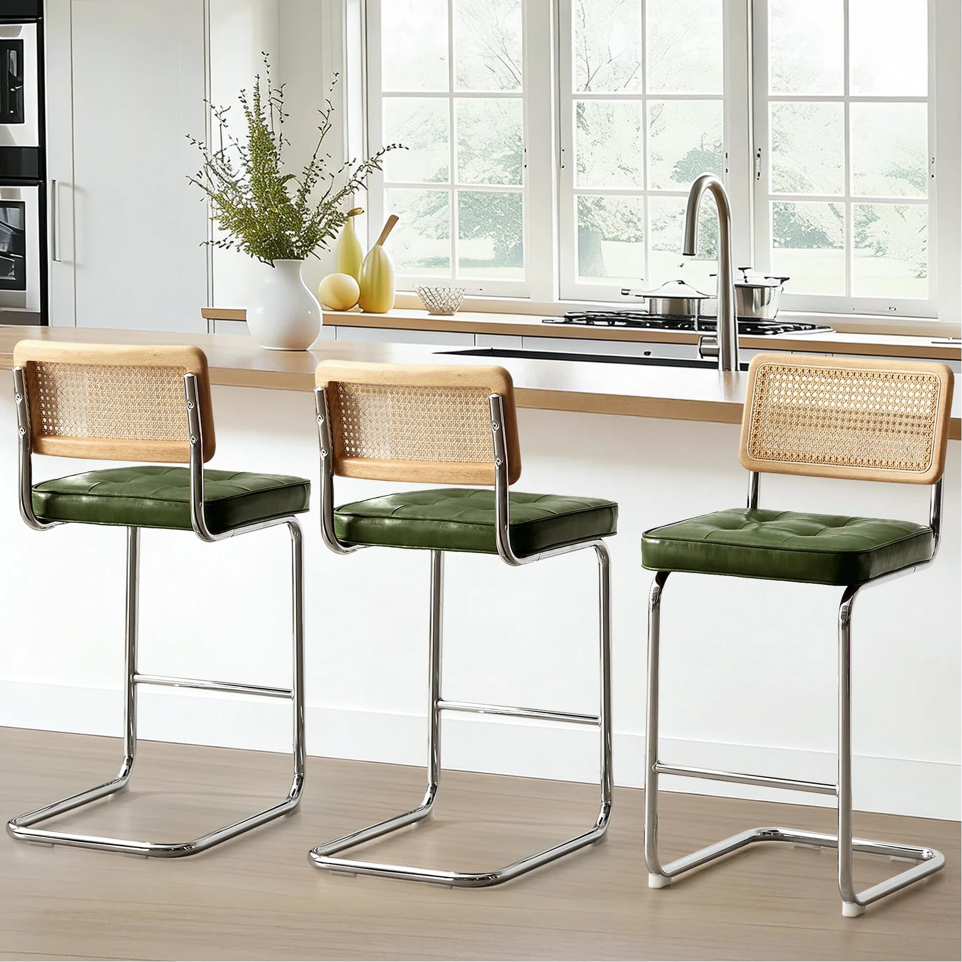 Zesthouse Natural Rattan Bar Stools Set of 2, Modern Counter Height Stools with Solid Wood Back, 26'' Counter Height Chairs, Mid Century Cantilevered Bar Chairs for Kitchen Island, Faux Leather Brown