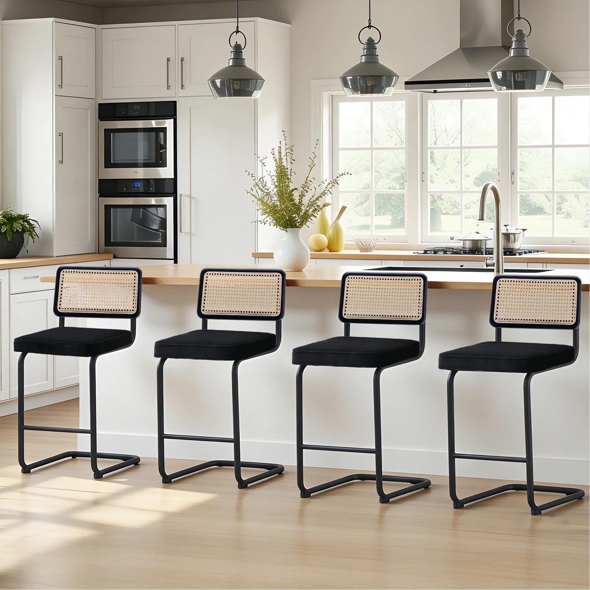 Zesthouse Natural Rattan Bar Stools Set of 2, Modern Counter Height Stools with Solid Wood Back, 26'' Counter Height Chairs, Mid Century Cantilevered Bar Chairs for Kitchen Island, Faux Leather Brown