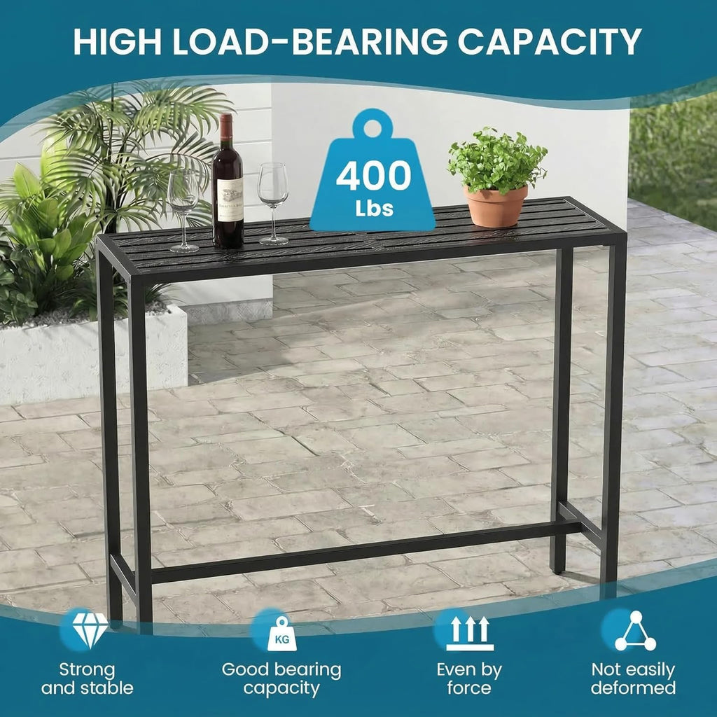 Outdoor Bar Table, 45in Bar Height Table, Black Metal Frame with Weatherproof Top, HDPE Outdoor Furniture for Patio, Hot Tub, Party, Balcony, Indoor