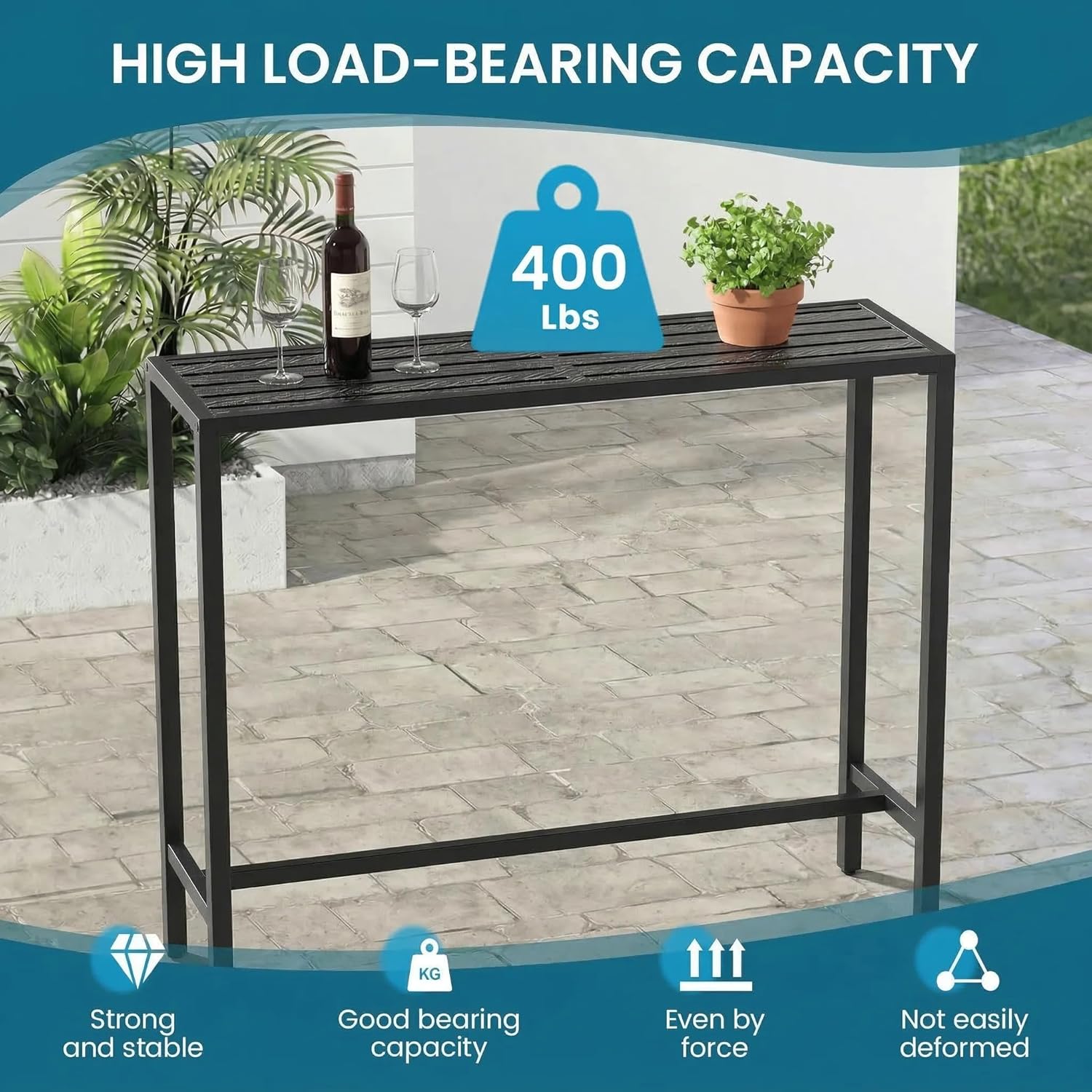 Outdoor Bar Table, 45in Bar Height Table, Black Metal Frame with Weatherproof Top, HDPE Outdoor Furniture for Patio, Hot Tub, Party, Balcony, Indoor